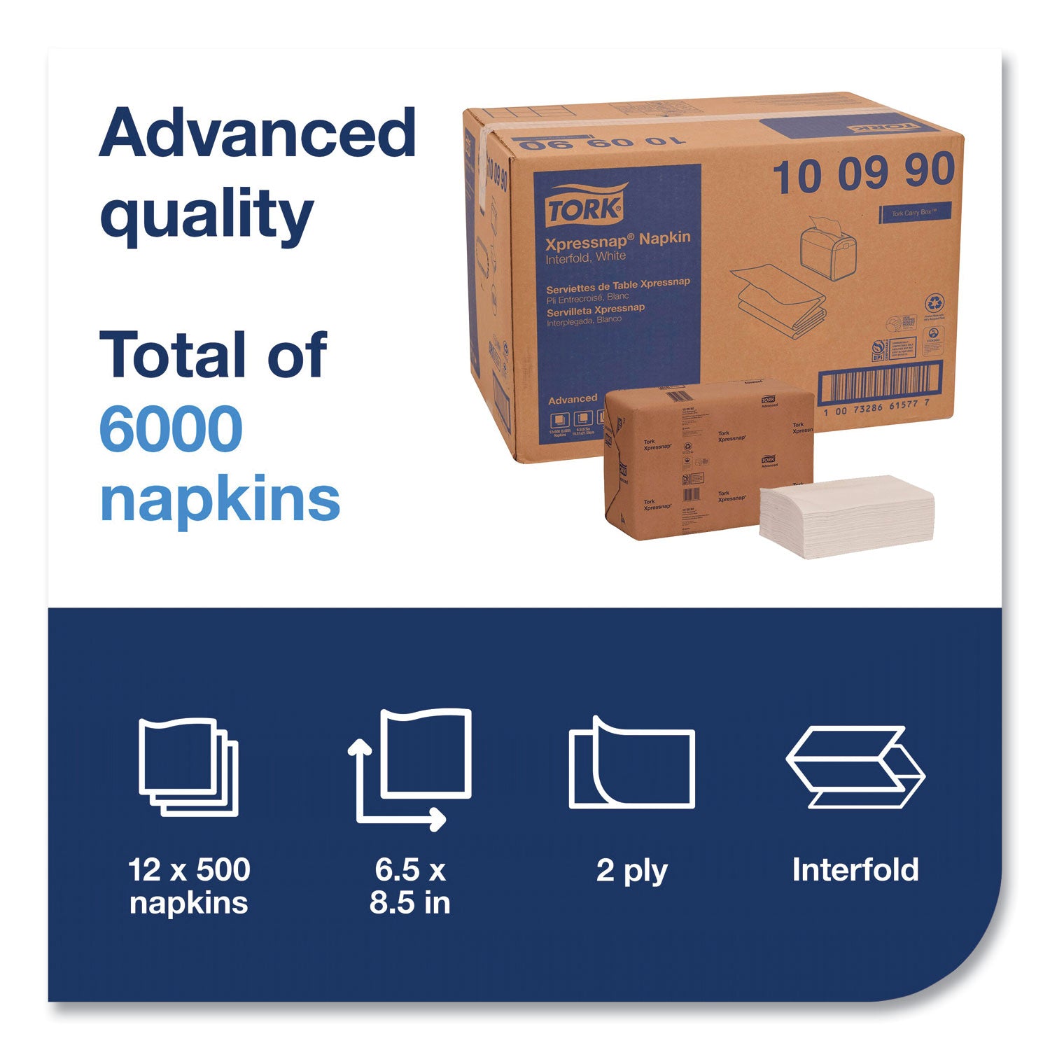 Tork® Xpressnap Interfold Dispenser Napkins, 2-Ply, 6.5 x 8.5, White, 500/Pack, 12 Packs/Carton