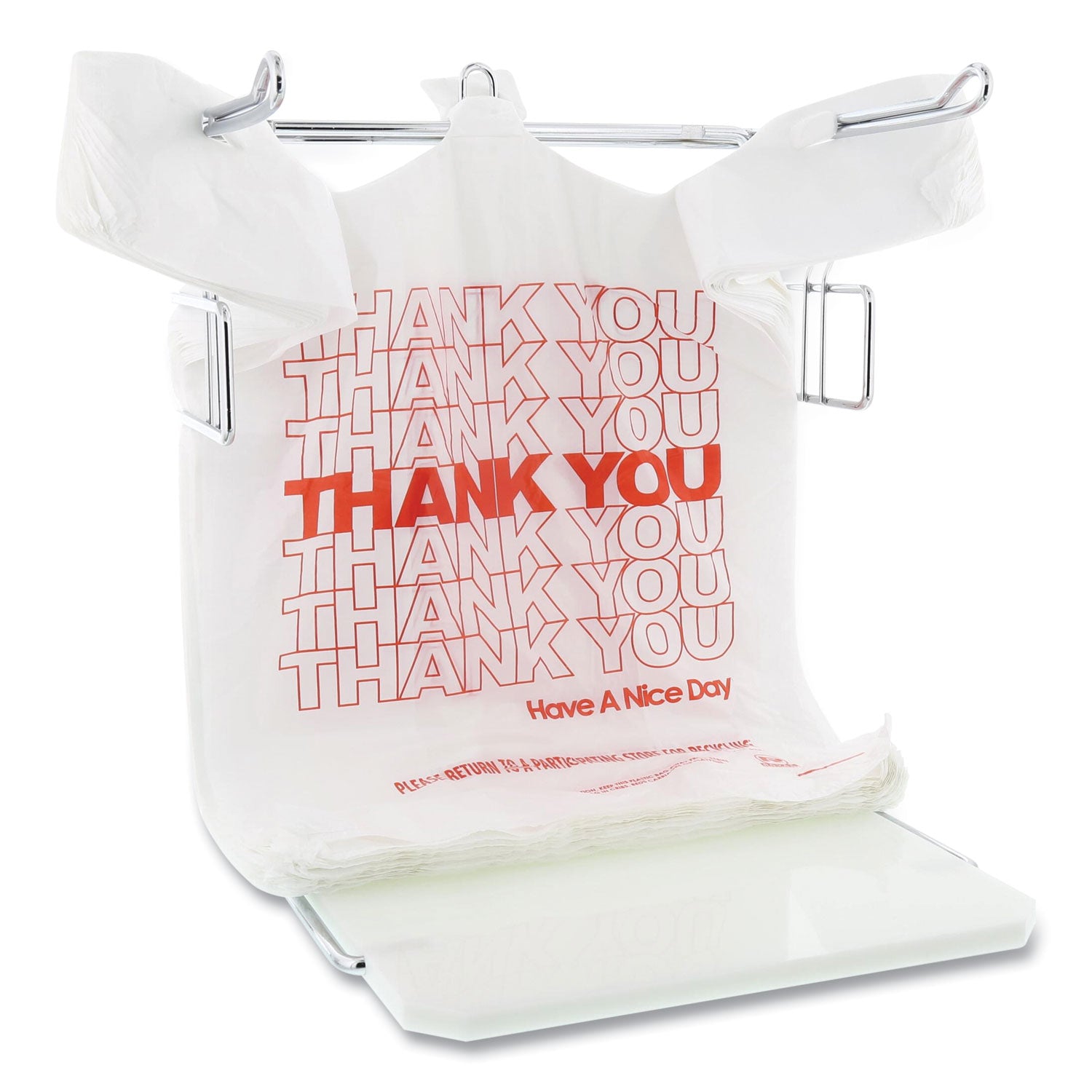 AmerCareRoyal® Thank You Bags, Thank You - Have a Nice Day Labeling, Cut-Out Handles, 13" x 8" x 23", White/Red, 1,000/Carton