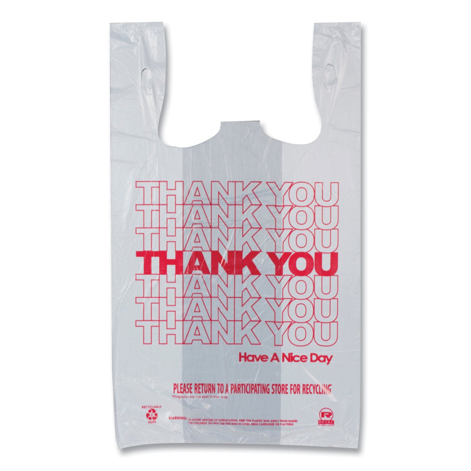 AmerCareRoyal® Thank You Bags, Thank You - Have a Nice Day Labeling, Cut-Out Handles, 11.5" x 6.5" x 20", White/Red, 775/Carton