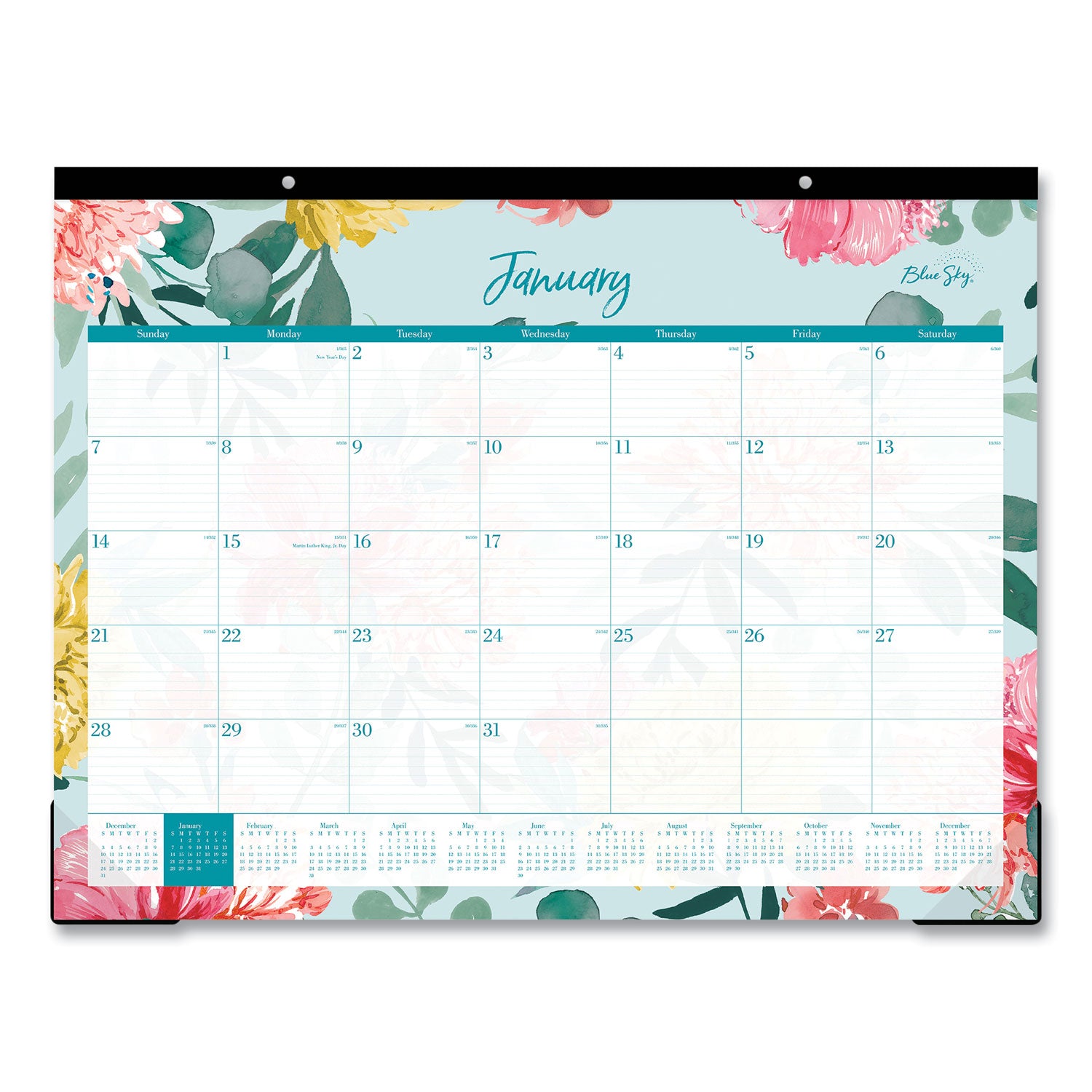 Blue Sky® Reflections Desk Pad Calendar, Floral Artwork, 22 x 17, Assorted Sheet Colors, Black Binding, 12-Month (Jan to Dec): 2025