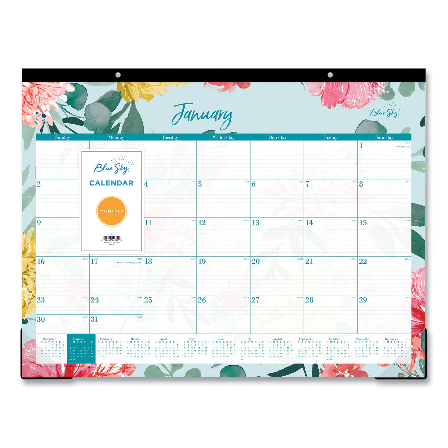 Blue Sky® Reflections Desk Pad Calendar, Floral Artwork, 22 x 17, Assorted Sheet Colors, Black Binding, 12-Month (Jan to Dec): 2025