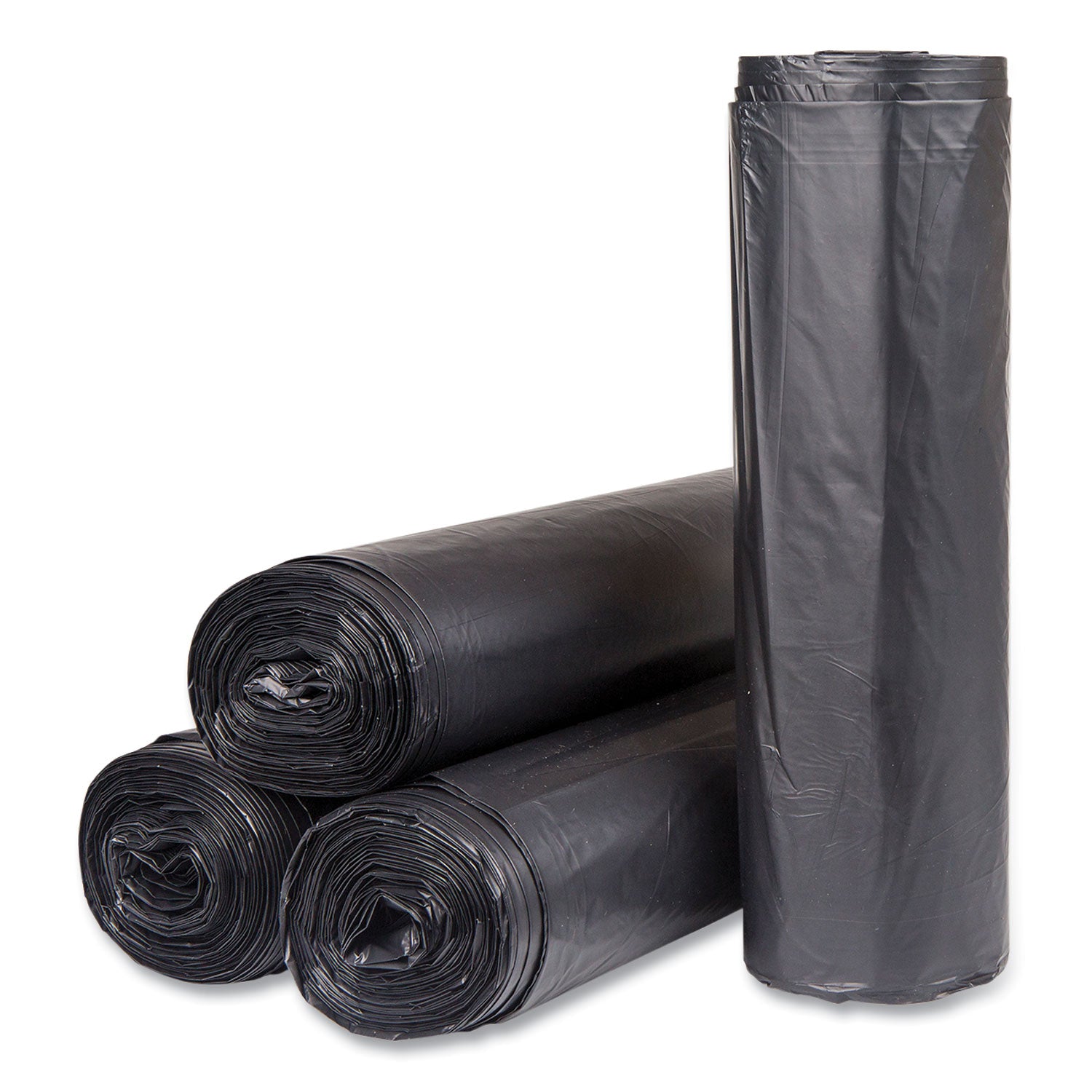 High-Density Commercial Can Liners, 60 gal, 22 mic, 43" x 48", Black, Interleaved Roll, 25 Bags/Roll, 6 Rolls/Carton