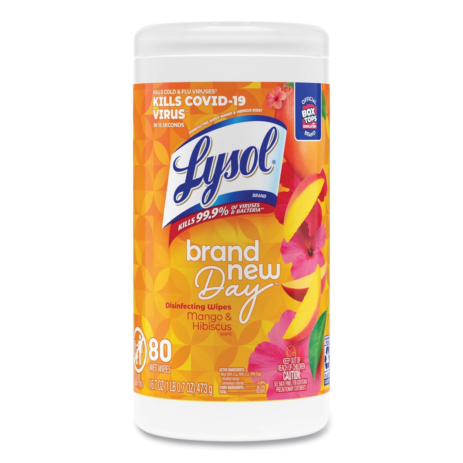 LYSOL® Brand Disinfecting Wipes, 1-Ply, 7 x 7.25, Mango and Hibiscus, White, 80 Wipes/Canister, 6 Canisters/Carton