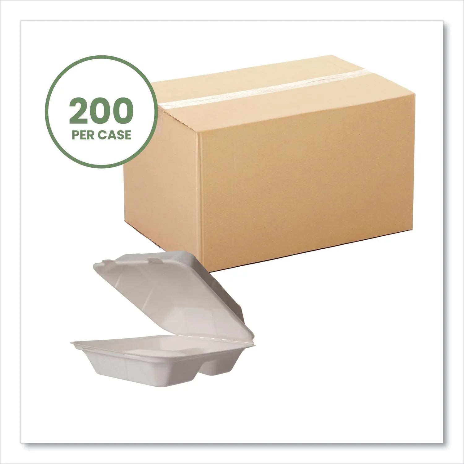 White Molded Fiber Clamshell Containers, Compostable, 3-Compartment, 7.9 x 7.9 x 2.9, White, Sugarcane, 200/Carton Vegware™ Flipcost