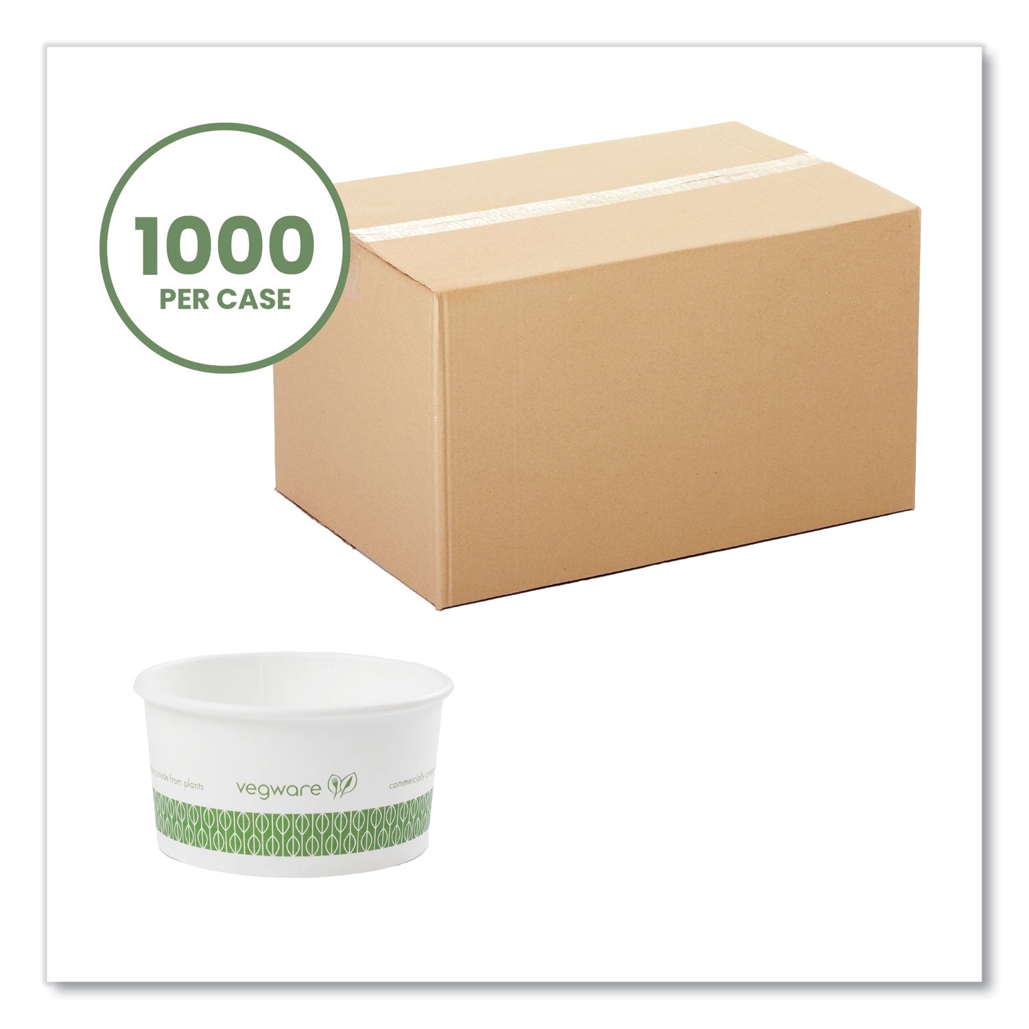 Vegware™ Soup Containers, Compostable, 6 oz, 3.5" Diameter x 1.7" h, Green/White, Paper, 1,000/Carton
