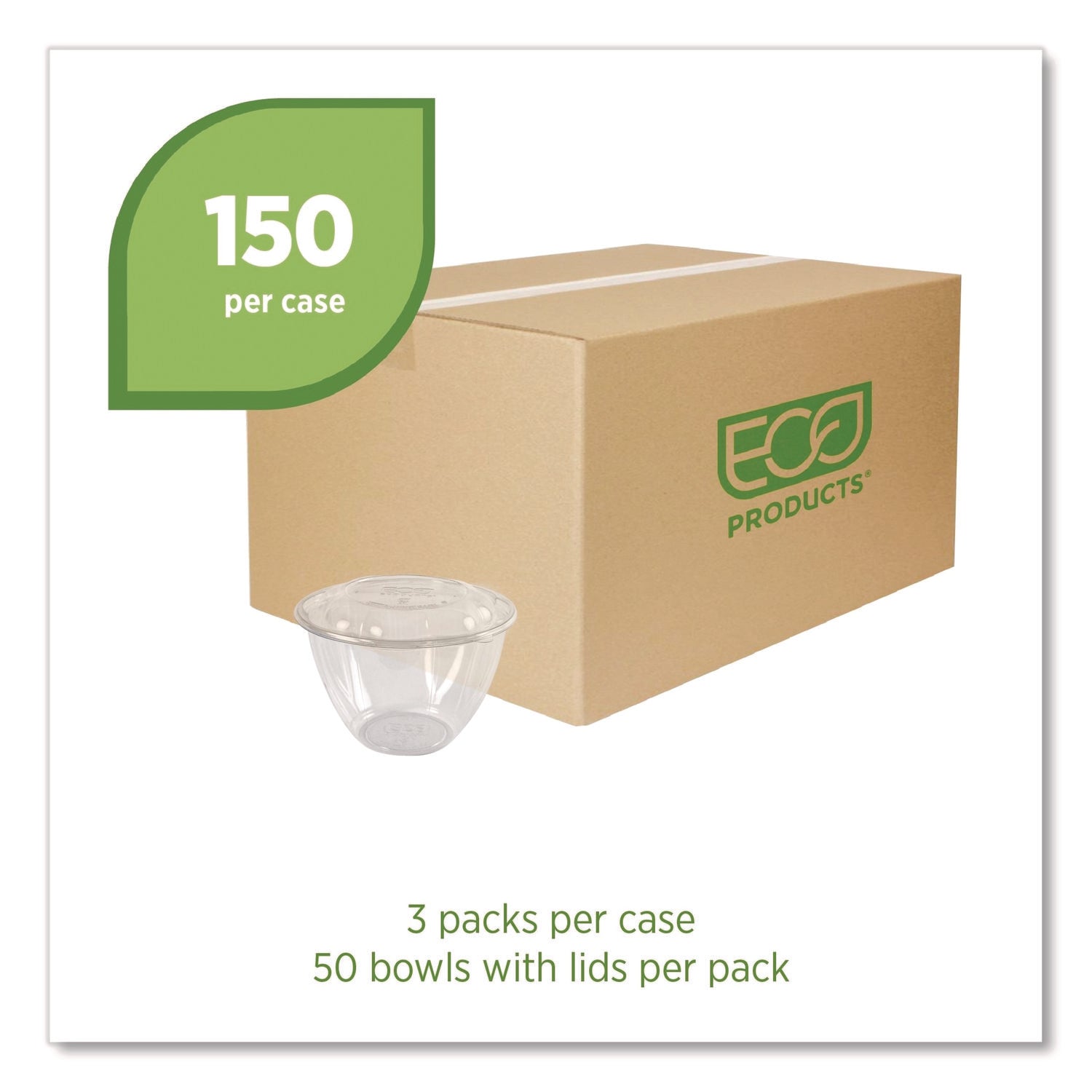 Eco-Products® Renewable and Compostable Salad Bowls with Lids, 48 oz, Clear, Plastic, 150/Carton