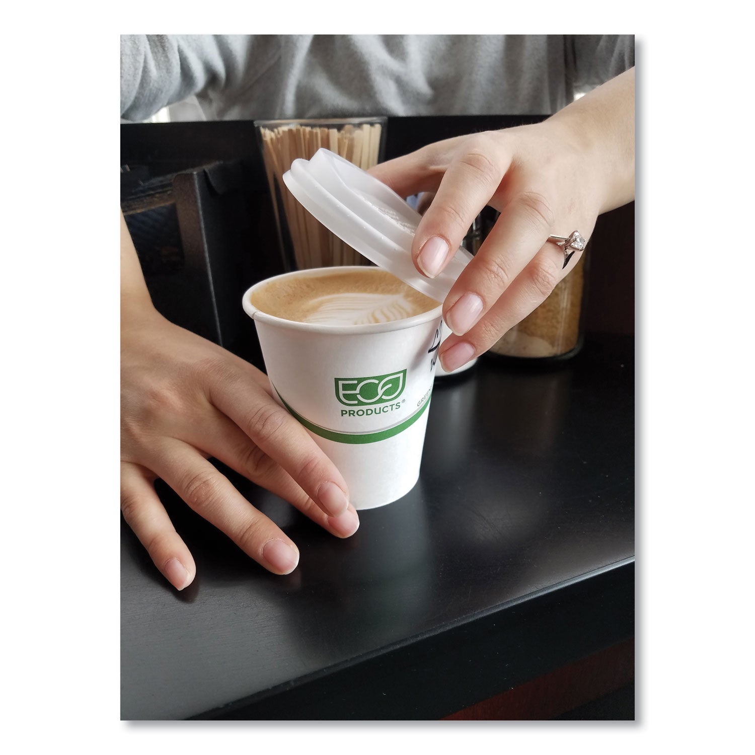 Eco-Products® GreenStripe Renewable and Compostable Hot Cups, 12 oz, Paper, White/Green, 50/Pack, 20 Packs/Carton