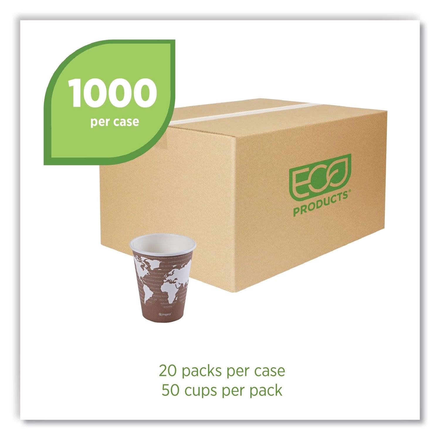 Eco-Products® World Art Renewable and Compostable Hot Cups, 8 oz, Paper, Brown/White, 50/Pack, 20 Packs/Carton