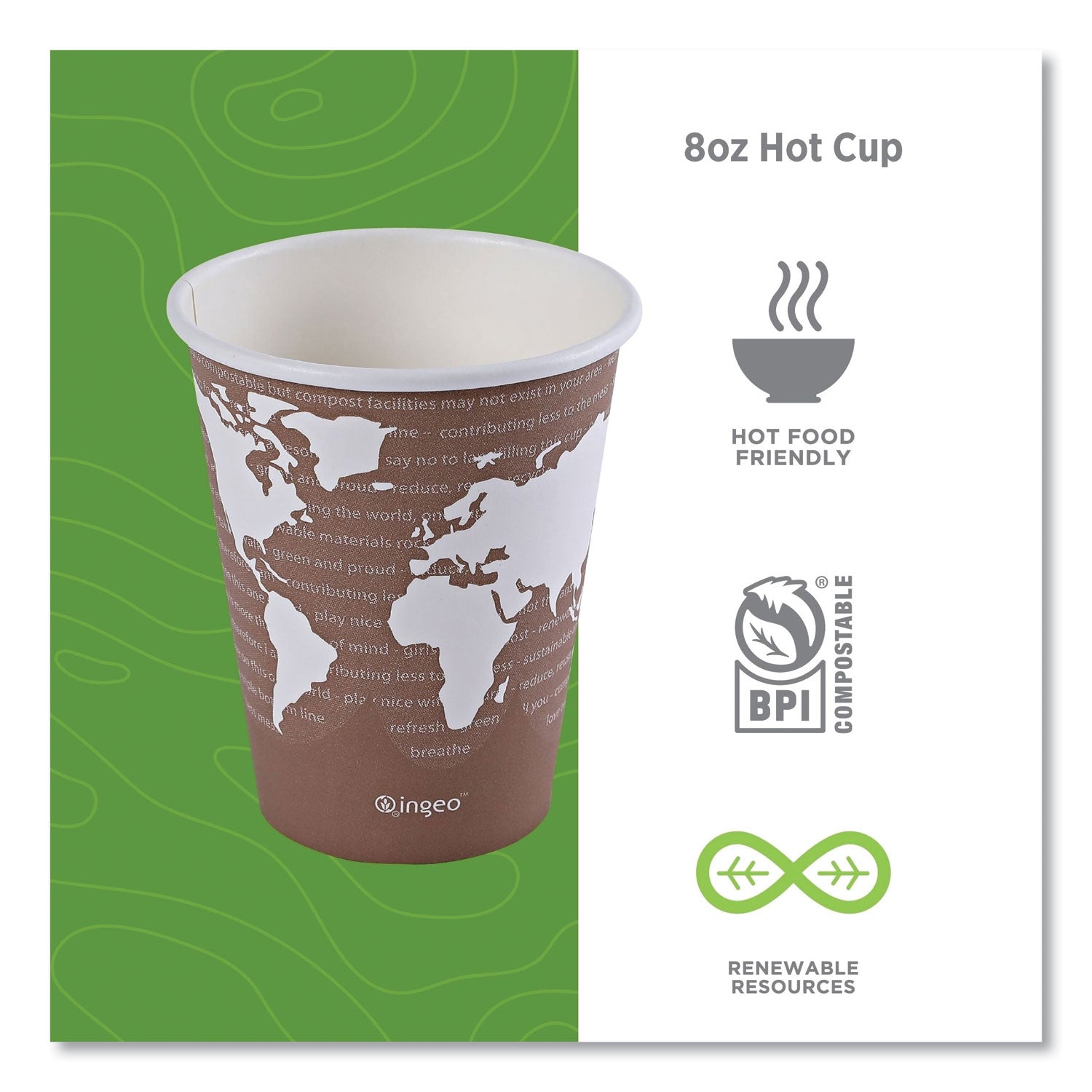 Eco-Products® World Art Renewable and Compostable Hot Cups, 8 oz, Paper, Brown/White, 50/Pack, 20 Packs/Carton
