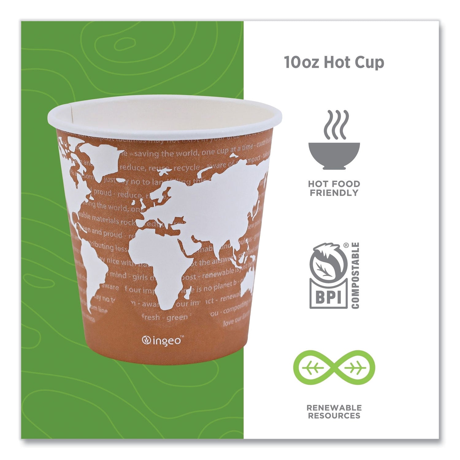 Eco-Products® World Art Renewable and Compostable Hot Cups, 10 oz, Paper, Gray, 50/Pack, 20 Packs/Carton