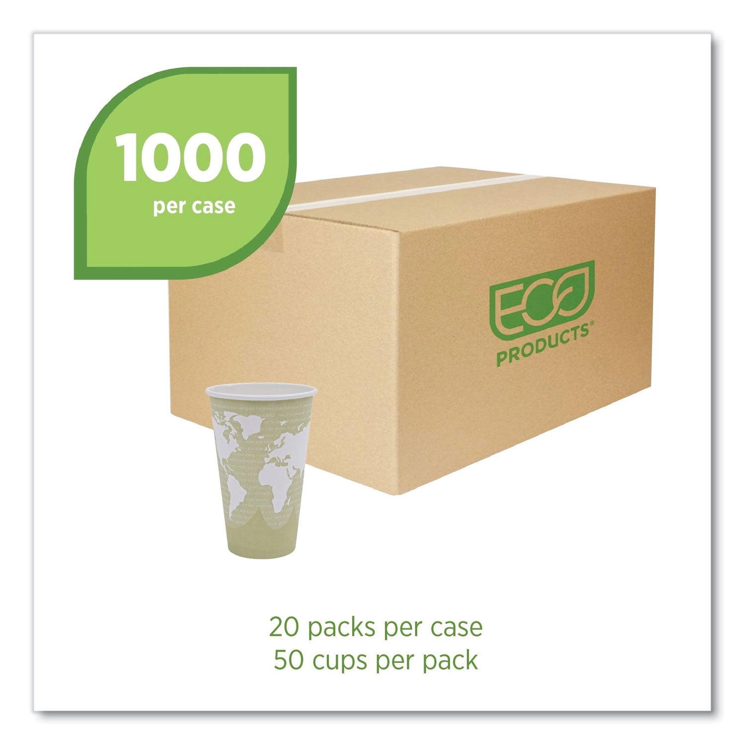 Eco-Products® World Art Renewable and Compostable Hot Cups, 16 oz, Paper, Tan, 50/Pack, 20 Packs/Carton