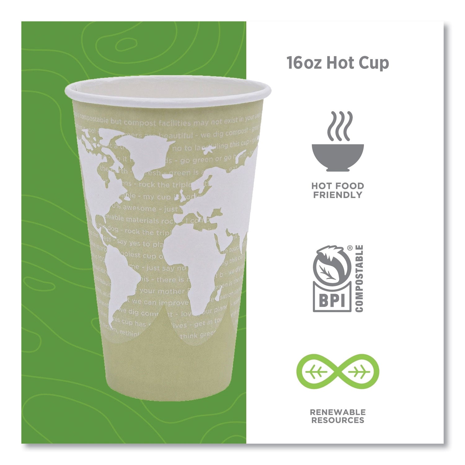Eco-Products® World Art Renewable and Compostable Hot Cups, 16 oz, Paper, Tan, 50/Pack, 20 Packs/Carton