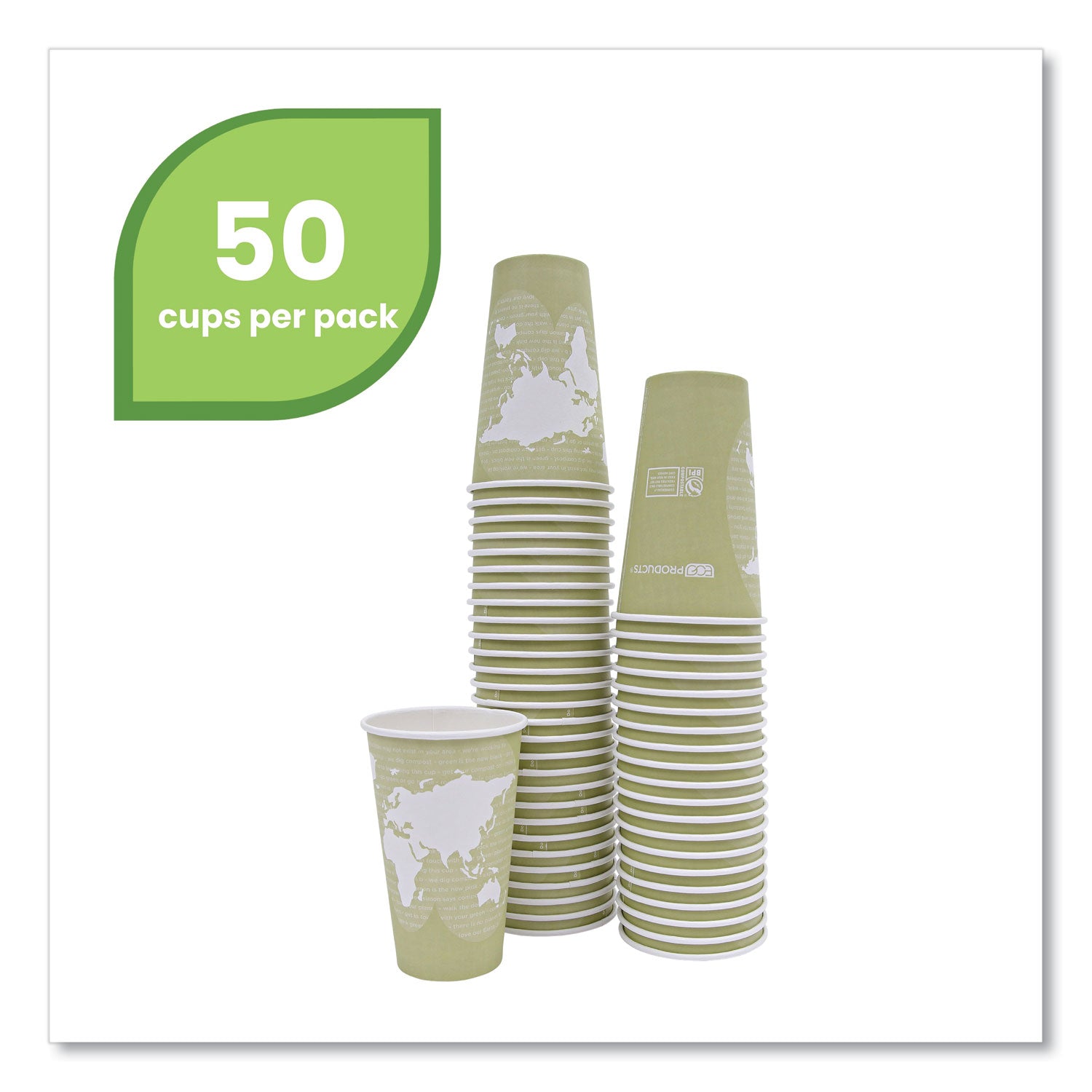 Eco-Products® World Art Renewable and Compostable Hot Cups, 16 oz, Paper, Moss, 50/Pack
