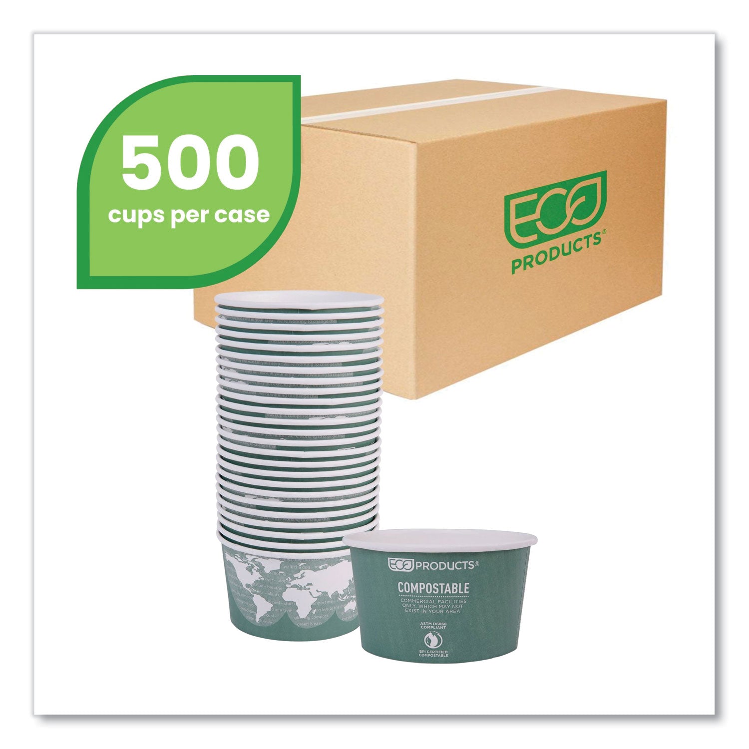 Eco-Products® World Art Renewable and Compostable Food Container, 12 oz, 4.05" Diameter x 2.5" h, Green, Paper, 25/Pack, 20 Packs/Carton