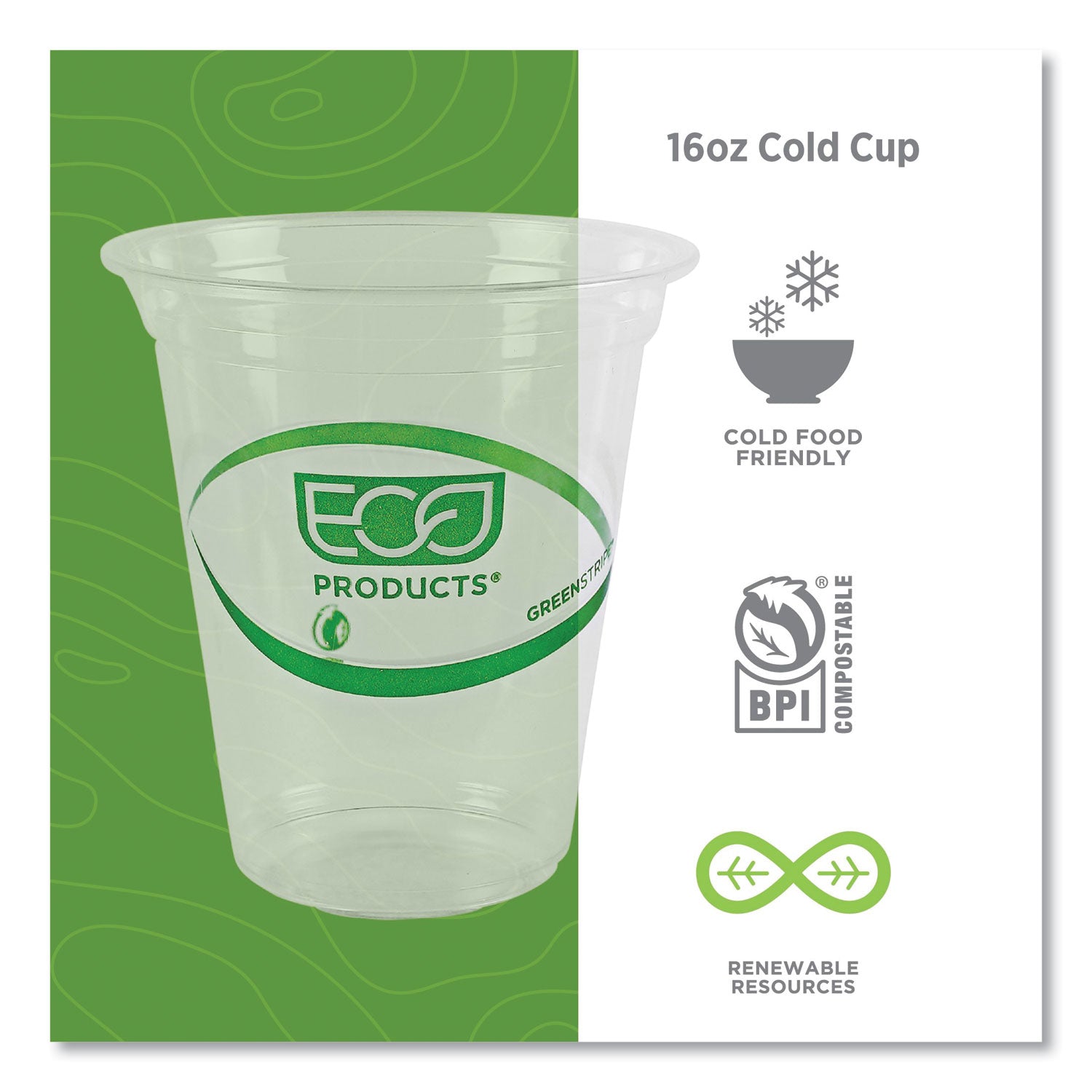 Eco-Products® GreenStripe Renewable and Compostable Cold Cups, 16 oz, Plastic, Clear, 50/Pack, 20 Packs/Carton