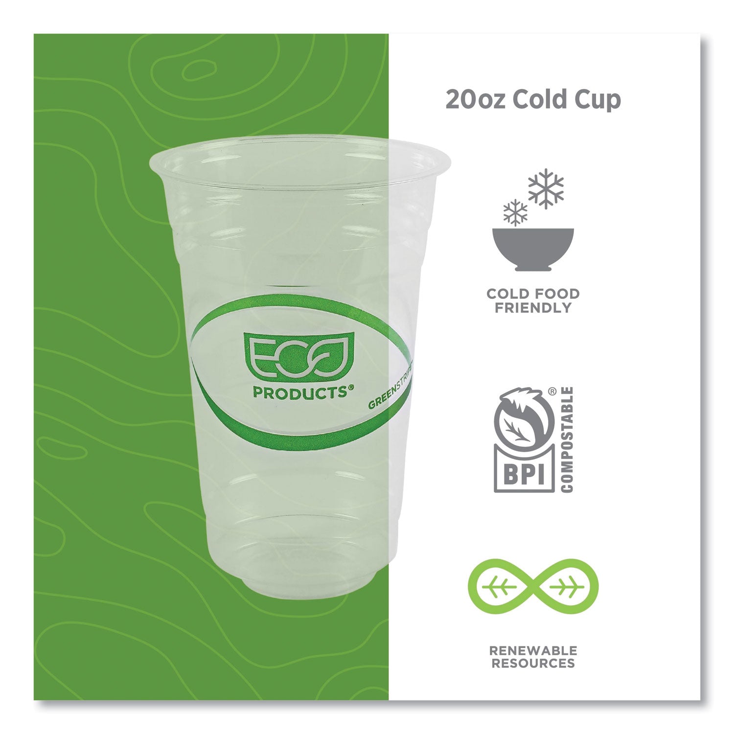 Eco-Products® GreenStripe Renewable and Compostable Cold Cups, 20 oz, Plastic, Clear, 50/Pack, 20 Packs/Carton