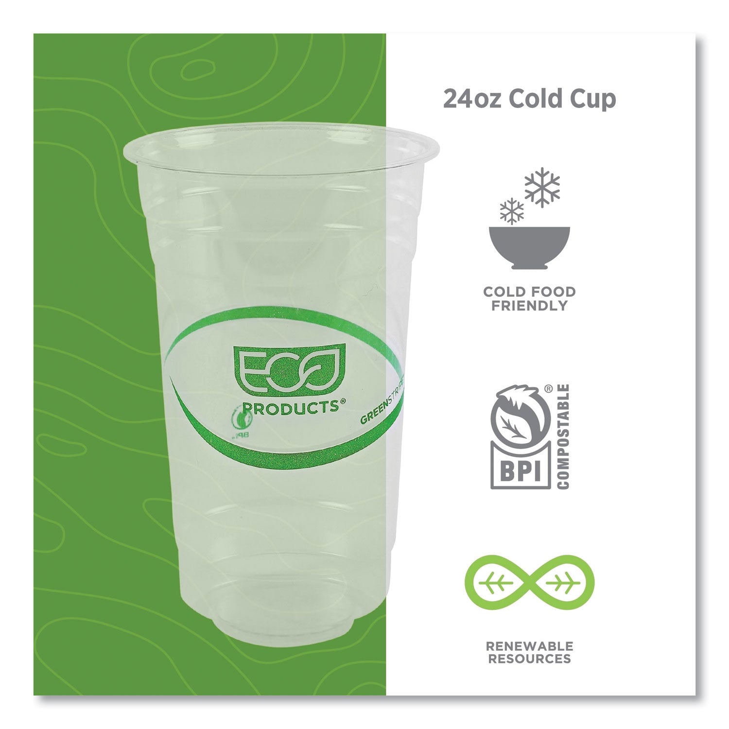 Eco-Products® GreenStripe Renewable and Compostable PLA Cold Cups, 24 oz, Plastic, Clear, 50/Pack, 20 Packs/Carton