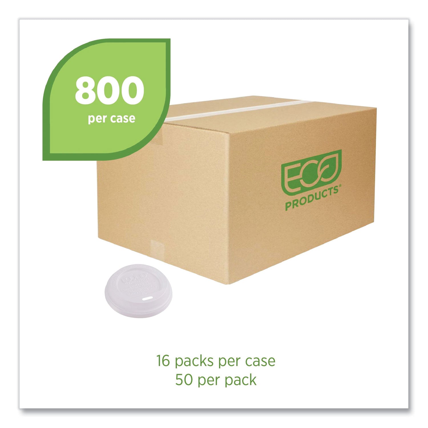 Eco-Products® EcoLid Renewable/Compostable Hot Cup Lids, Fits 8 oz Hot Cups, Plastic, White, 50/Packs, 16 Packs/Carton