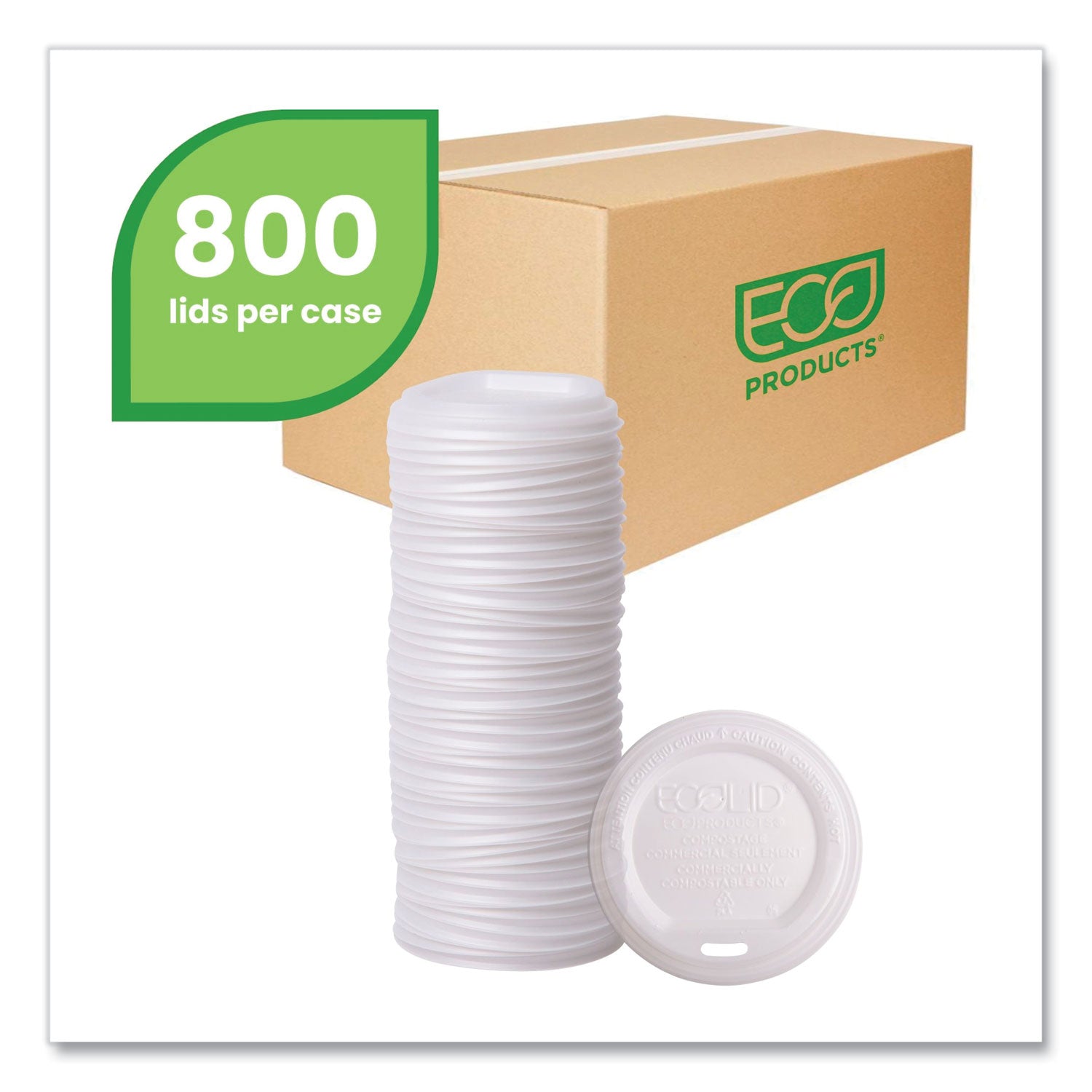 Eco-Products® EcoLid Renewable/Compostable Hot Cup Lids, Fits 10 oz to 20 oz Hot Cups, Plastic, White, 50/Pack, 16 Packs/Carton