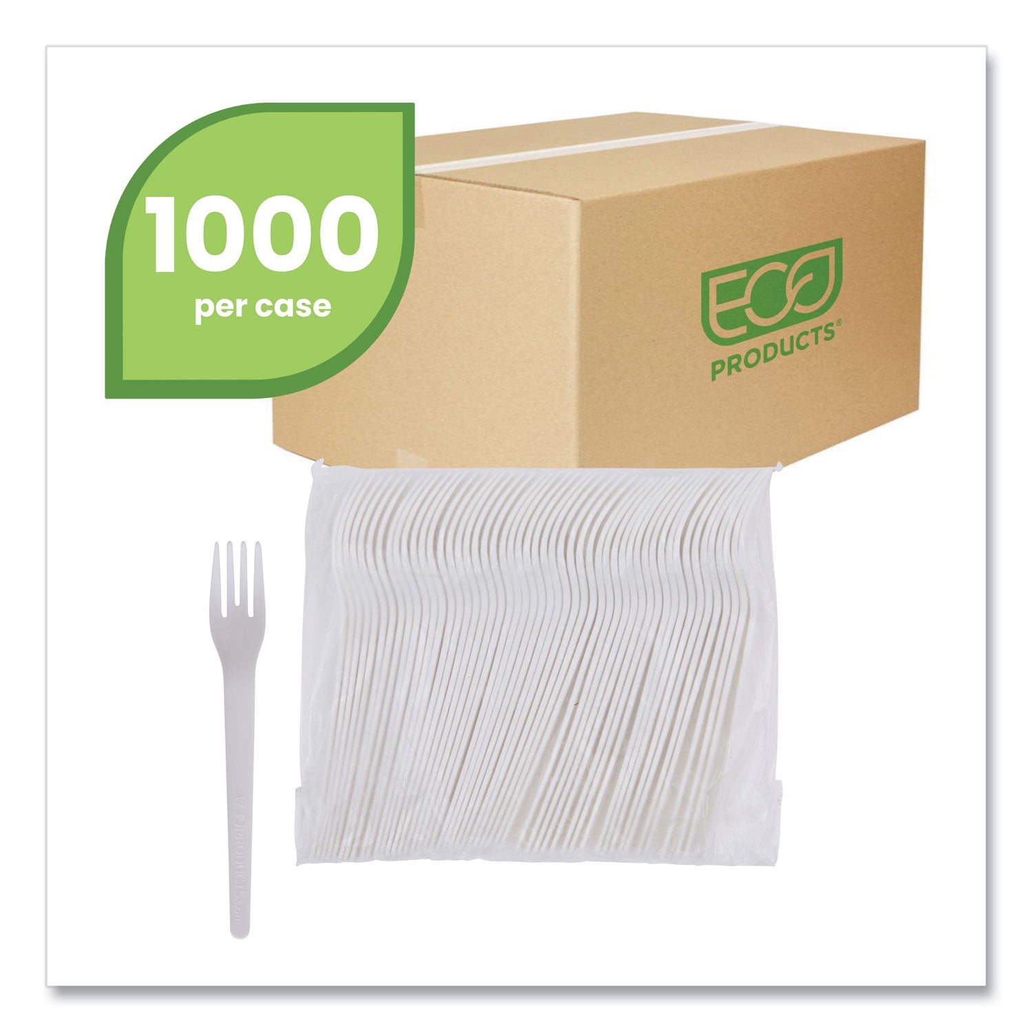 Eco-Products® Plantware Compostable Cutlery, Fork, Plastic, Pearl White, 50/Pack, 20 Packs/Carton