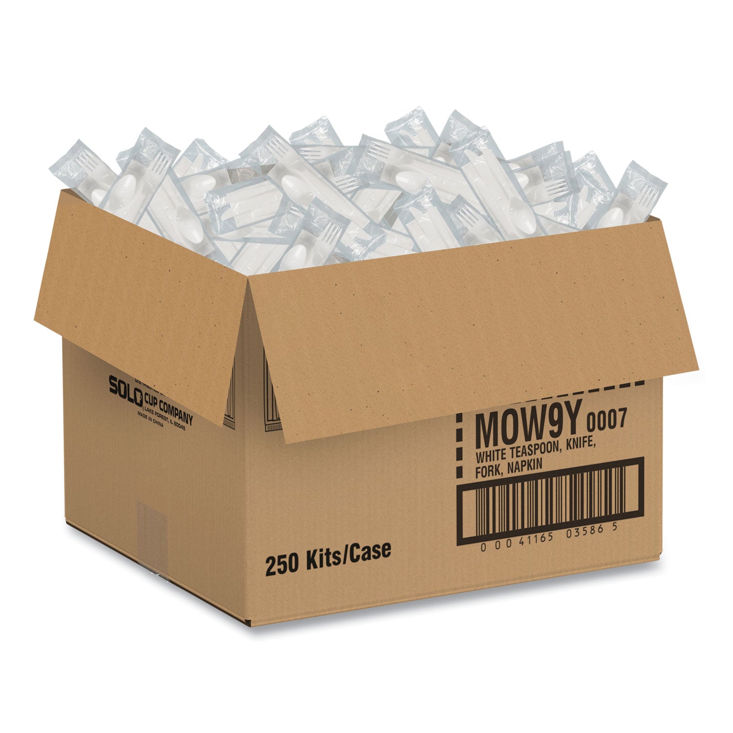 SOLO® Regal Mediumweight Cutlery Kit, Individually Wrapped, Fork/Knife/Napkin/Spoon, Plastic, White, 250/Carton