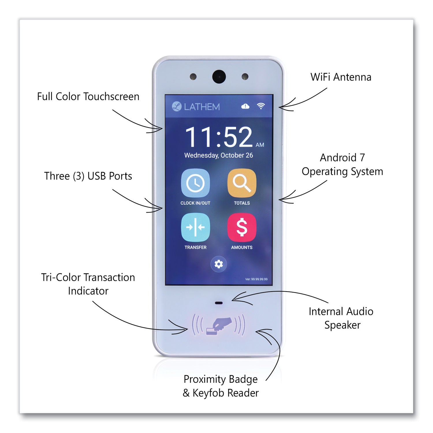 Lathem® Time PCEXPRESS Contactless Touch-Free Wi-Fi Digital Time Clock System, 5" Touch Screen LCD Display, White