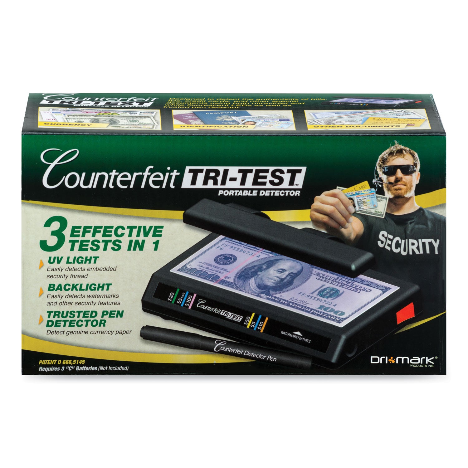 Dri-Mark® Tri Test Counterfeit Bill Detector With Pen, U.s.; Canadian; Mexican; Eu; Uk; Chinese Currencies, 7 X 4 X 2.5, Black