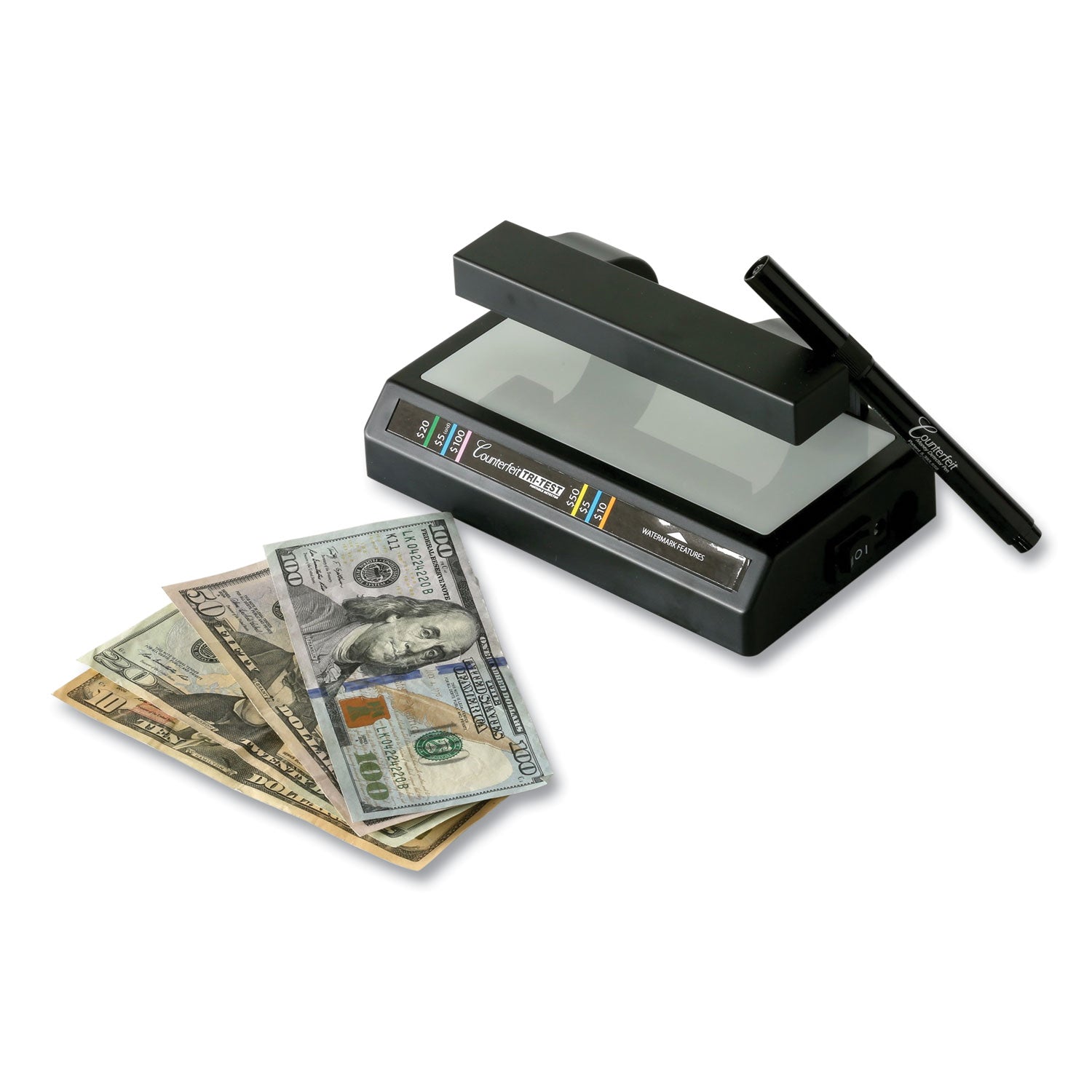 Dri-Mark® Tri Test Counterfeit Bill Detector With Pen, U.s.; Canadian; Mexican; Eu; Uk; Chinese Currencies, 7 X 4 X 2.5, Black