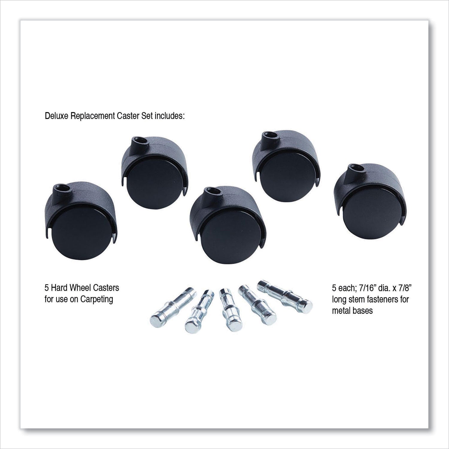 Master Caster® Deluxe Duet Hard-Wheel Casters, 0.44" x 0.88" Grip Ring Type B Stems, 2" Nylon Wheels, Matte Black, 5/Set