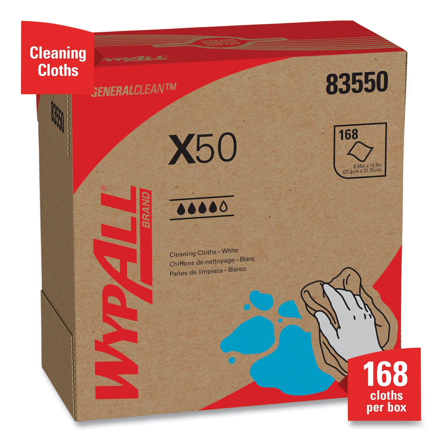 WypAll® X50 Cloths, POP-UP Box, 12.5 x 9.1, White, 168/Box, 10 Boxes/Carton