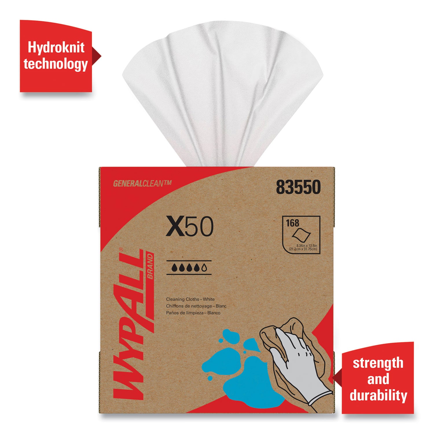 WypAll® X50 Cloths, POP-UP Box, 12.5 x 9.1, White, 168/Box, 10 Boxes/Carton