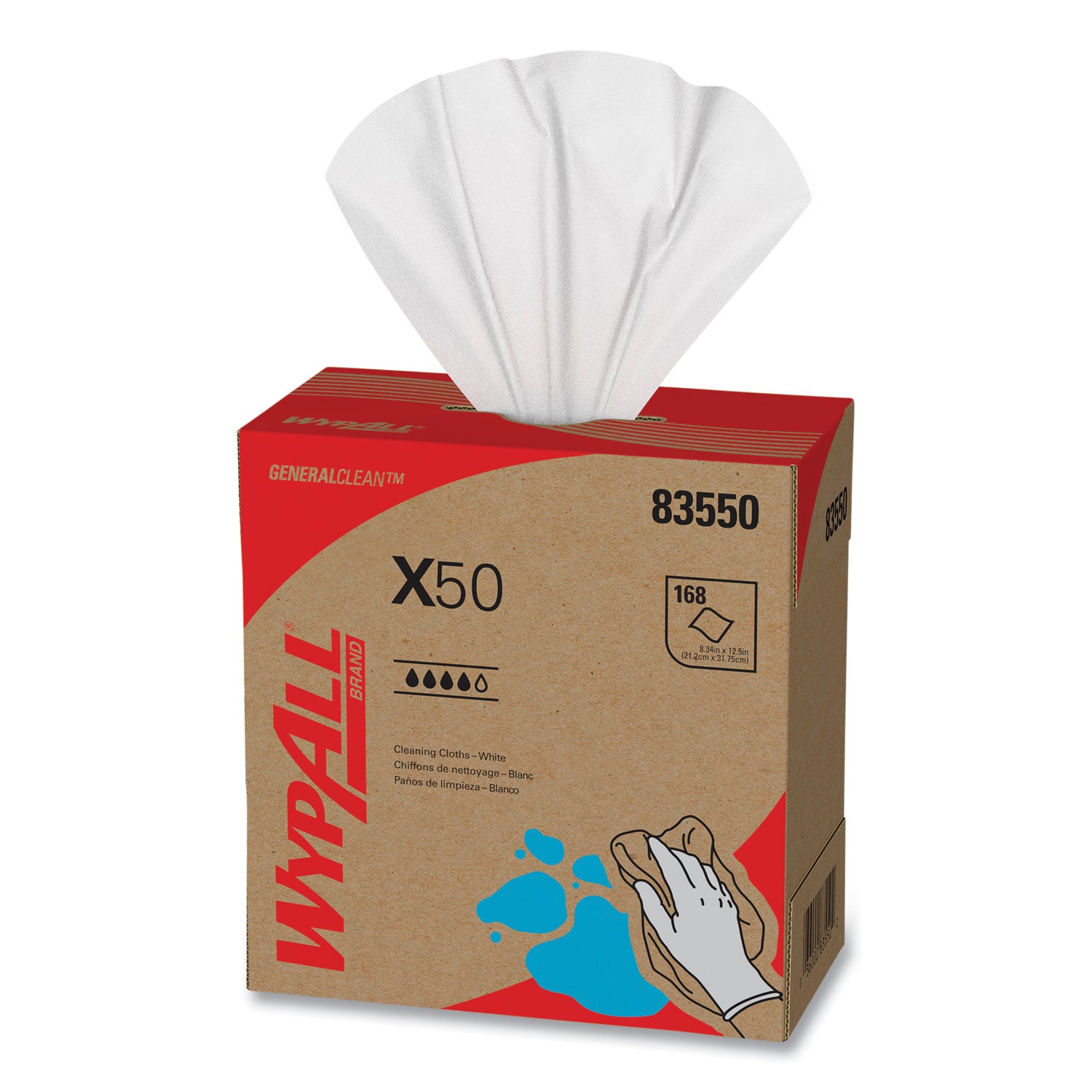 WypAll® X50 Cloths, POP-UP Box, 12.5 x 9.1, White, 168/Box, 10 Boxes/Carton