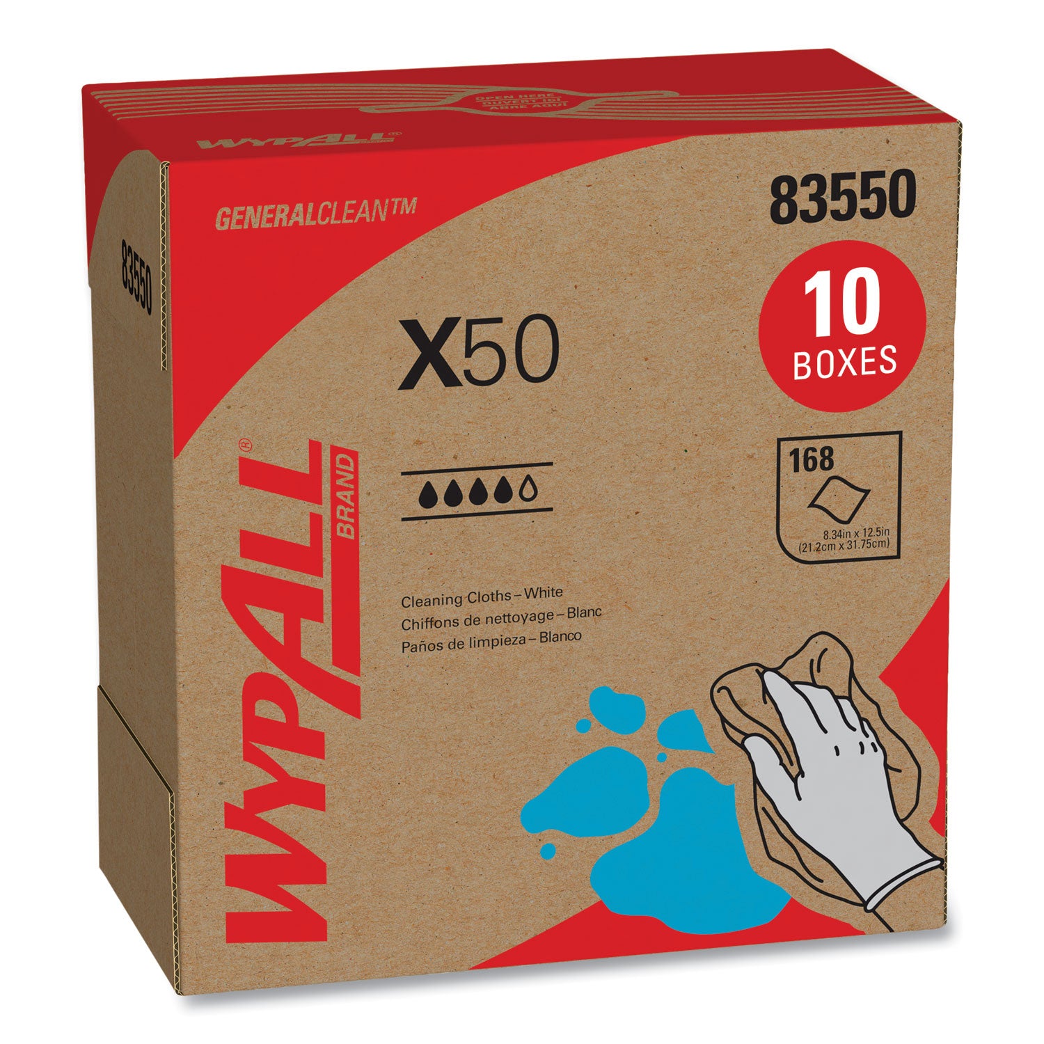 WypAll® X50 Cloths, POP-UP Box, 12.5 x 9.1, White, 168/Box, 10 Boxes/Carton
