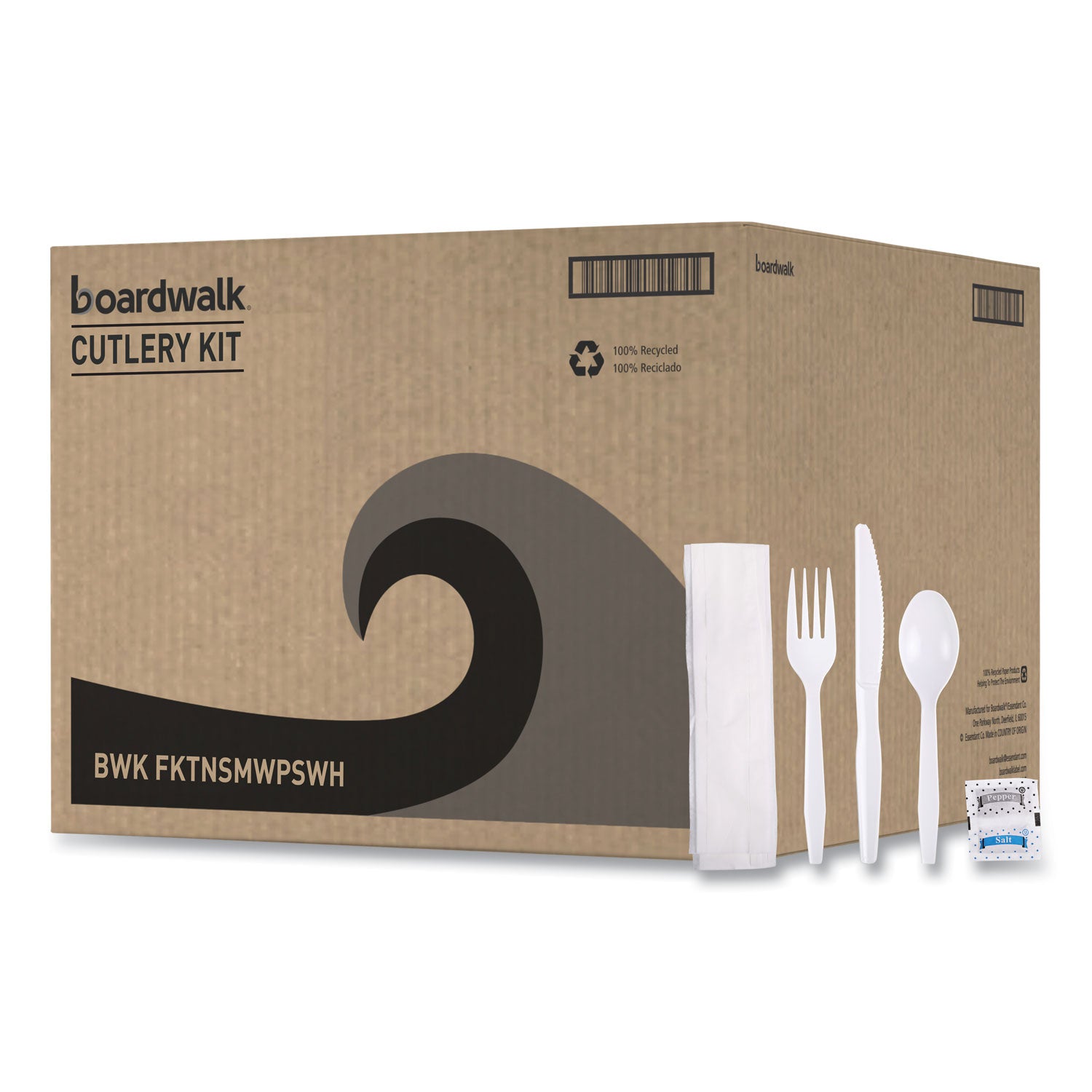 Boardwalk® Six-Piece Cutlery Kit, Mediumweight, Fork/Knife/Napkin/Pepper/Salt/Spoon, Plastic, White, 250/Carton