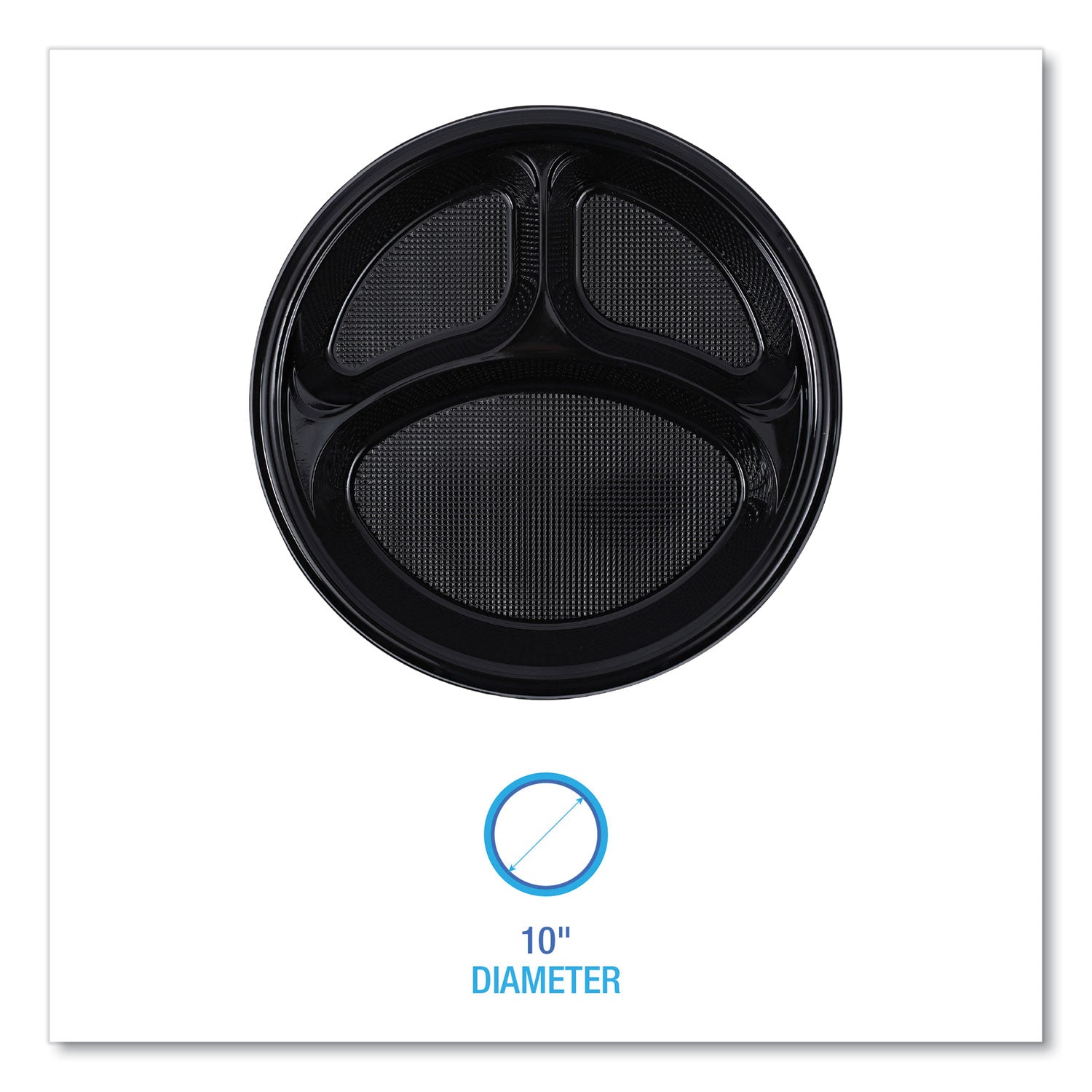 Boardwalk® Hi-Impact Plastic Dinnerware, 3-Compartment Plate, 10" dia, Black, 125/Sleeve, 4 Sleeves/Carton