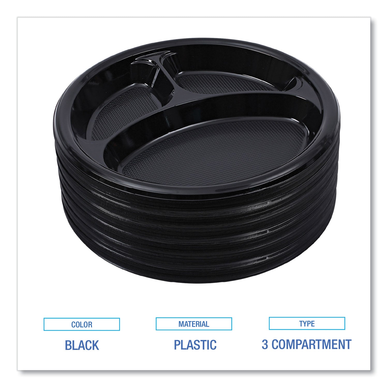 Boardwalk® Hi-Impact Plastic Dinnerware, 3-Compartment Plate, 10" dia, Black, 125/Sleeve, 4 Sleeves/Carton