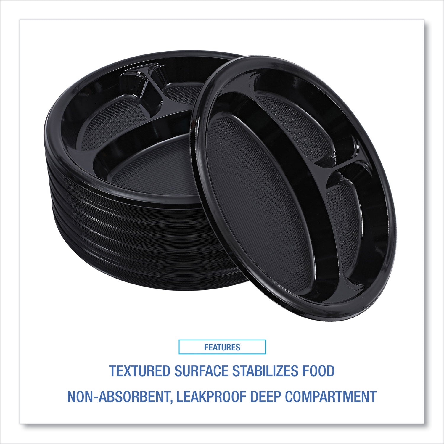Boardwalk® Hi-Impact Plastic Dinnerware, 3-Compartment Plate, 10" dia, Black, 125/Sleeve, 4 Sleeves/Carton
