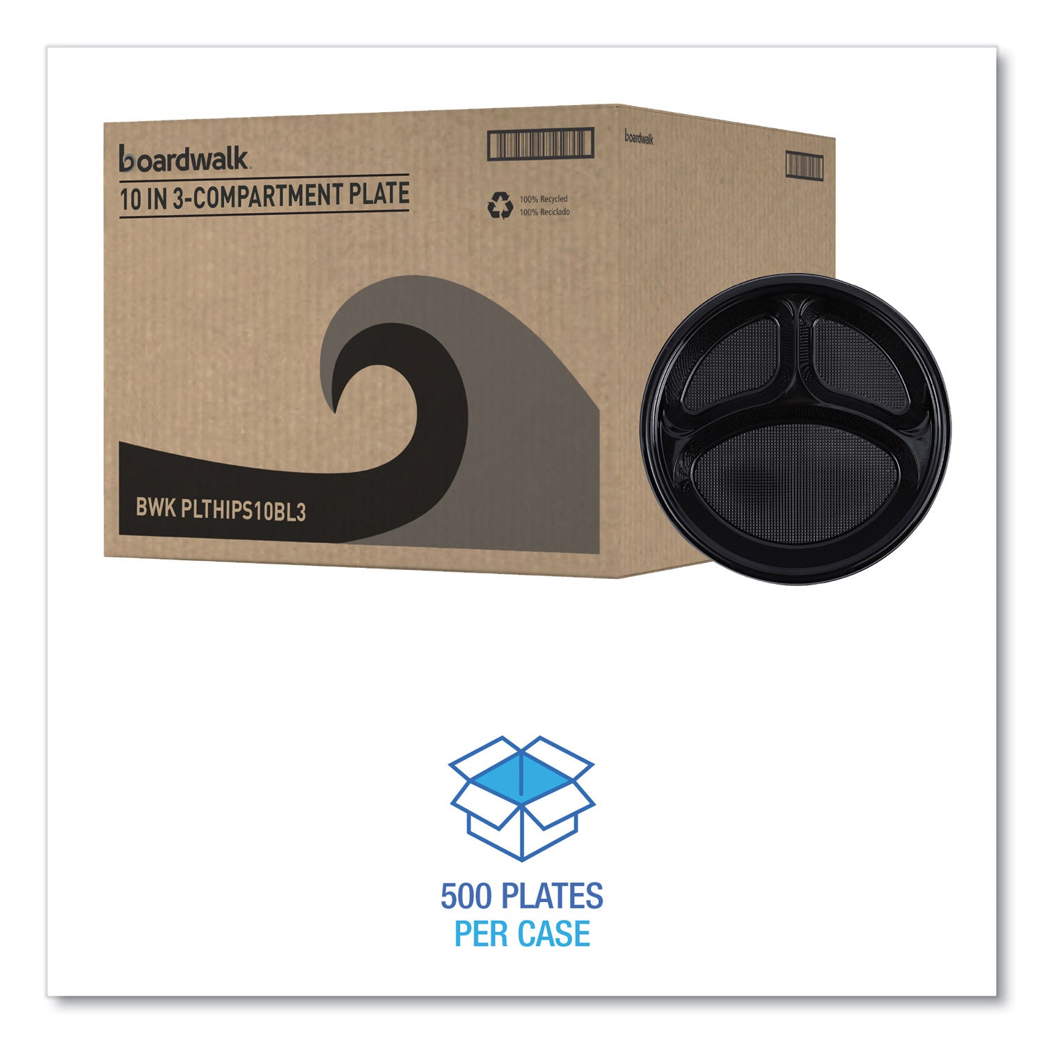 Boardwalk® Hi-Impact Plastic Dinnerware, 3-Compartment Plate, 10" dia, Black, 125/Sleeve, 4 Sleeves/Carton