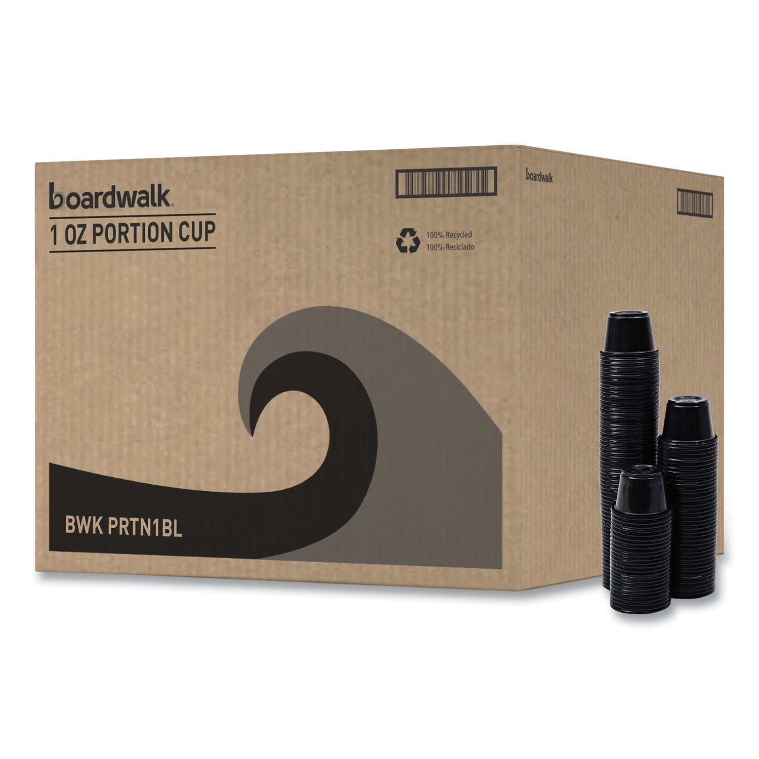 Boardwalk® Souffle/Portion Cups, 1 oz, Plastic, Black, 125/Sleeve, 20 Sleeves/Carton