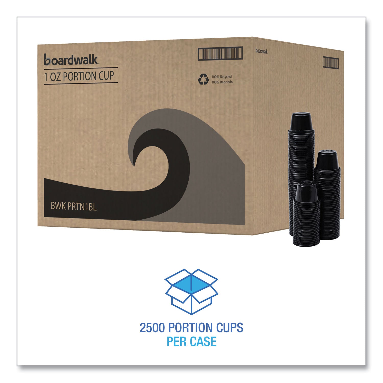 Boardwalk® Souffle/Portion Cups, 1 oz, Plastic, Black, 125/Sleeve, 20 Sleeves/Carton