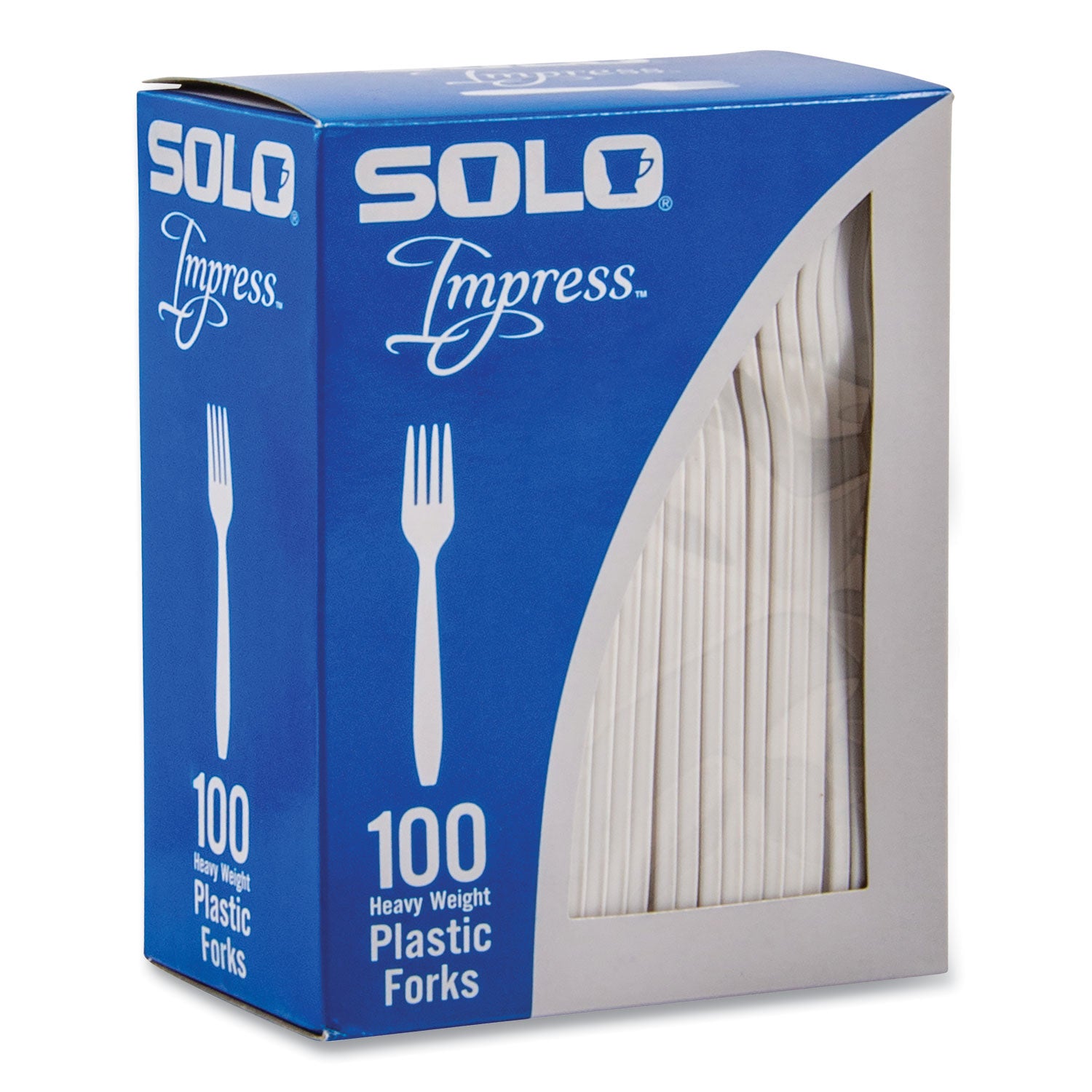 SOLO® Impress Heavyweight Full-Length Polystyrene Cutlery, Fork, Plastic, White, 100/Box, 10 Boxes/Carton