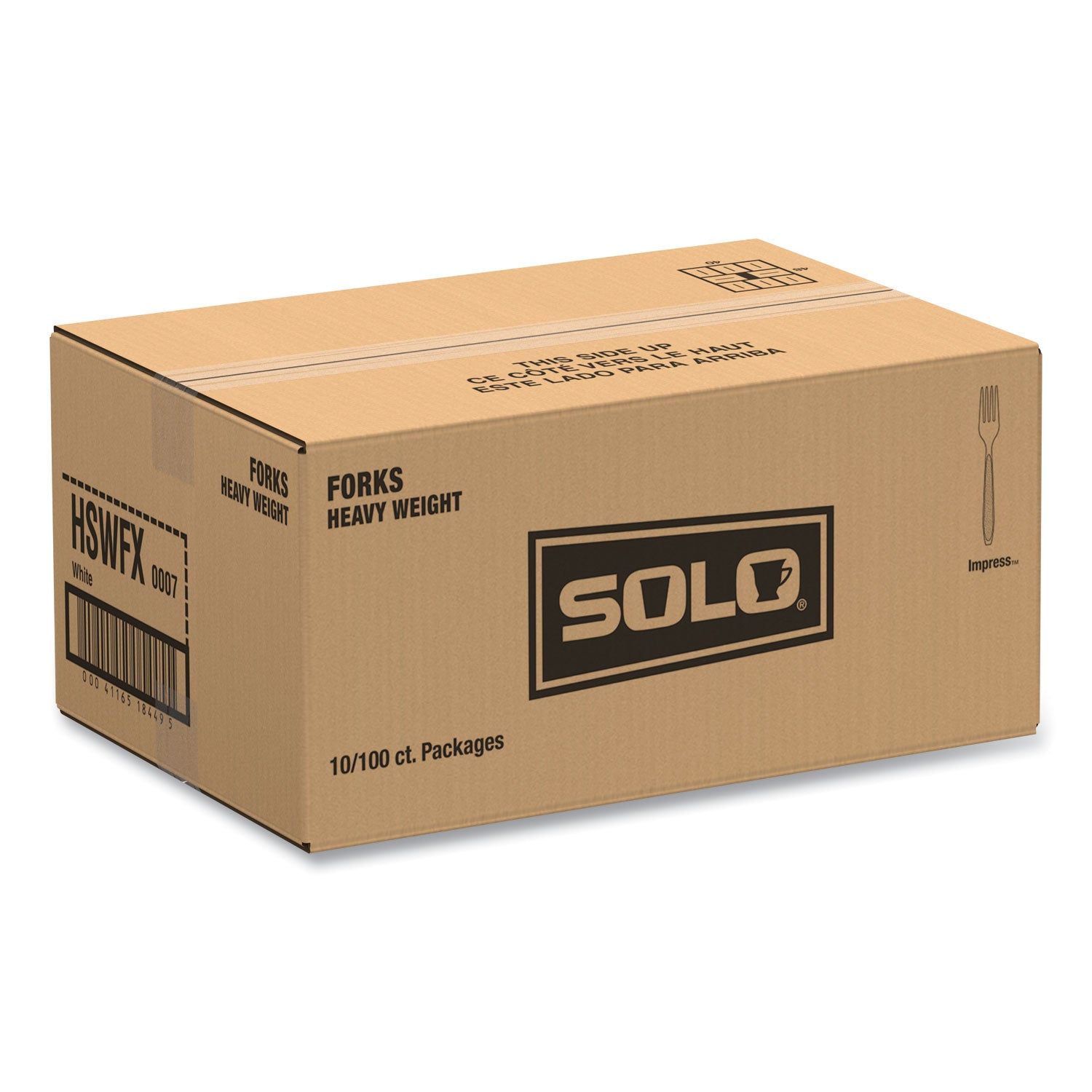 SOLO® Impress Heavyweight Full-Length Polystyrene Cutlery, Fork, Plastic, White, 100/Box, 10 Boxes/Carton