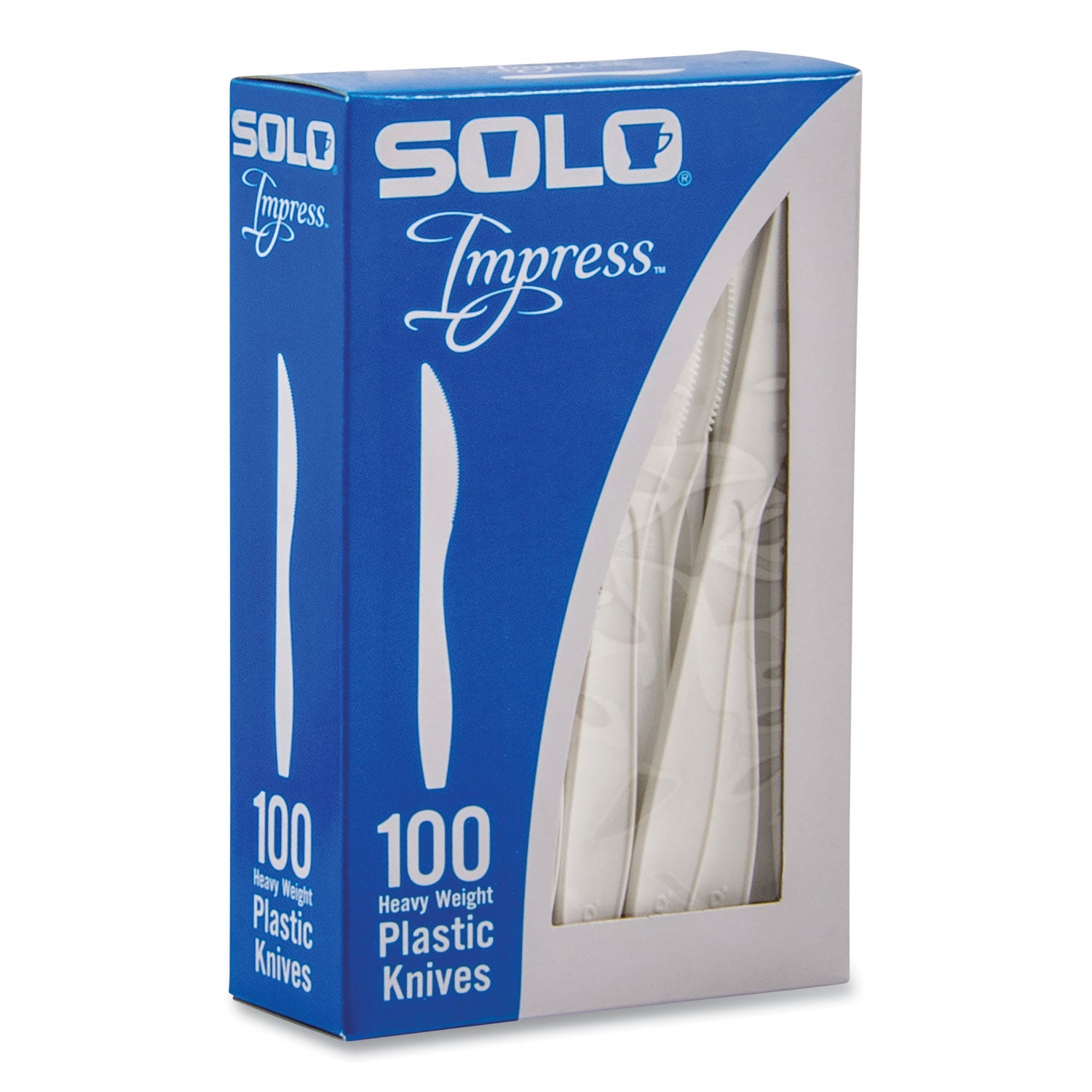 SOLO® Impress Heavyweight Full-Length Polystyrene Cutlery, Knife, Plastic, White, 100/Box, 10 Boxes/Carton