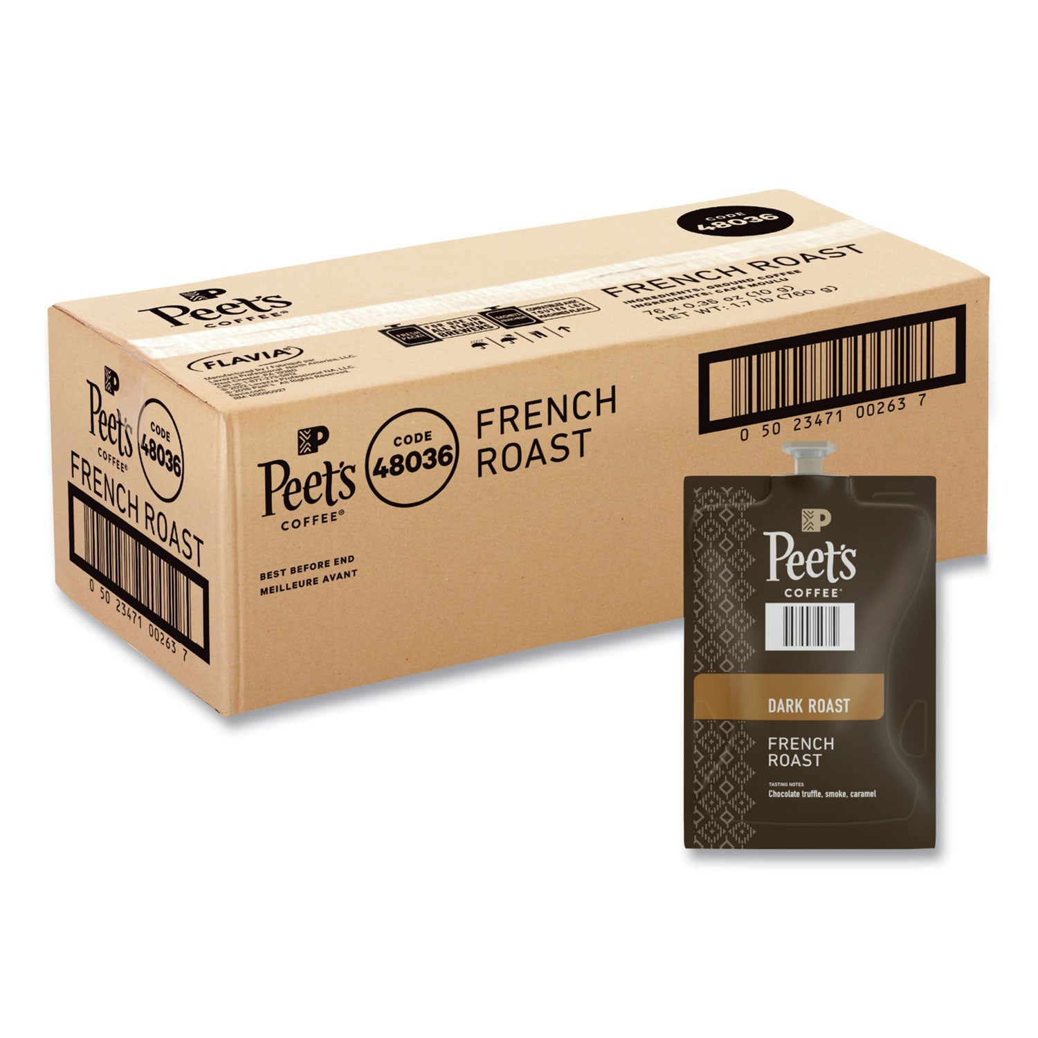 Peet's French Roast Coffee Freshpack, French Roast, 0.35 oz Pouch, 76/Carton