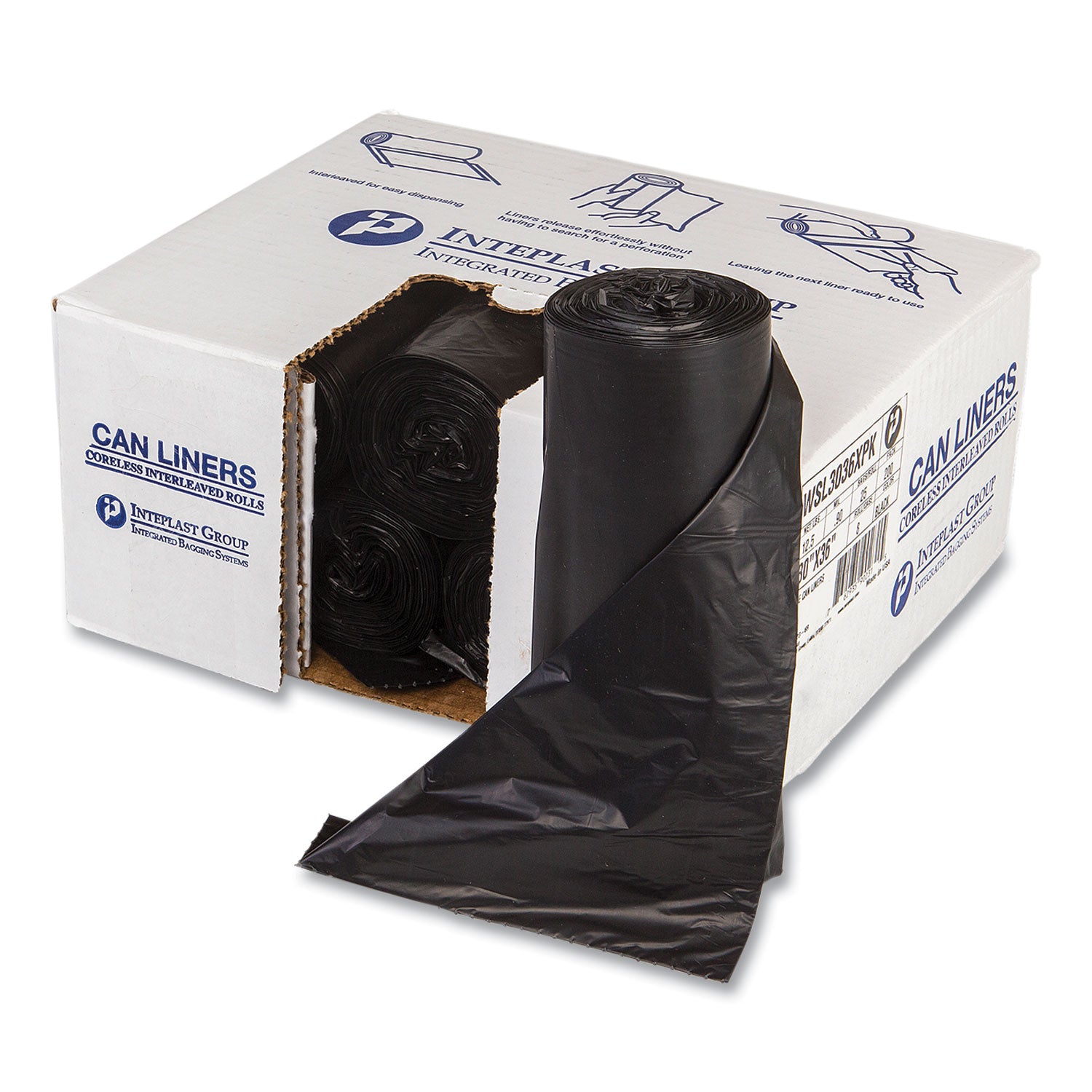 Low-Density Commercial Can Liners, 30 gal, 0.9 mil, 30" x 36", Black, Interleaved Roll, 25 Bags/Roll, 8 Rolls/Carton