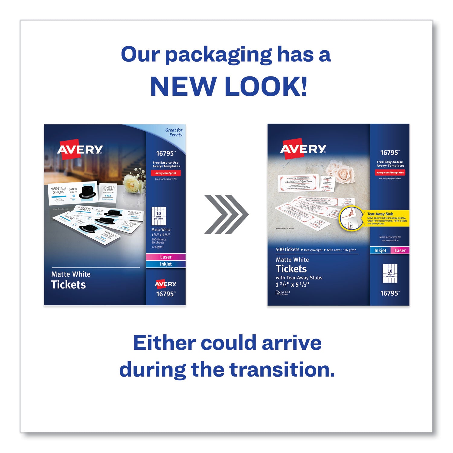 Avery® Printable Tickets with Tear-Away Stubs, 97 Bright, 65 lb Cover Weight, 8.5 x 11, White, 10 Tickets/Sheet, 50 Sheets/Pack