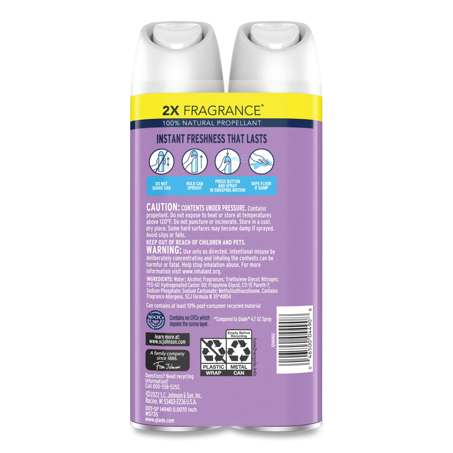 Glade® Air Freshener, Lavender and Vanilla, Scent, 8.3 oz Aerosol Spray, 2/Pack, 3 Packs/Carton