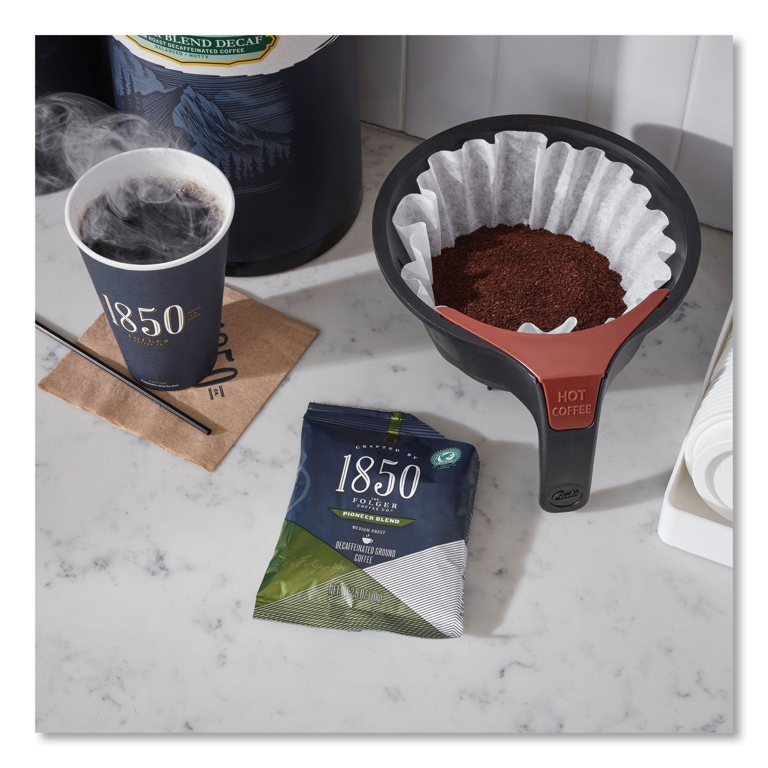 1850 Coffee Fraction Packs, Pioneer Blend Decaf, Medium Roast, 2.5 Oz Pack, 24 Packs/carton