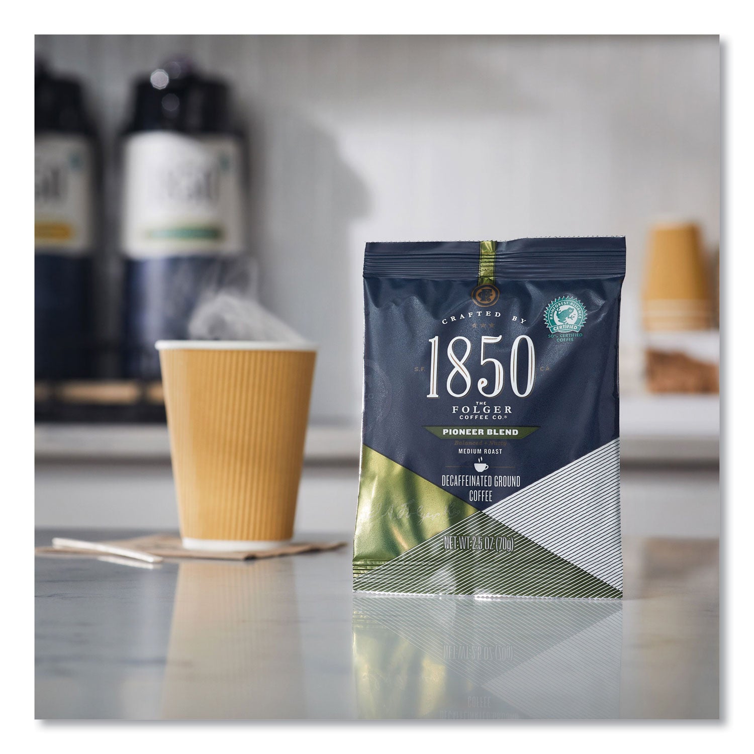 1850 Coffee Fraction Packs, Pioneer Blend Decaf, Medium Roast, 2.5 Oz Pack, 24 Packs/carton