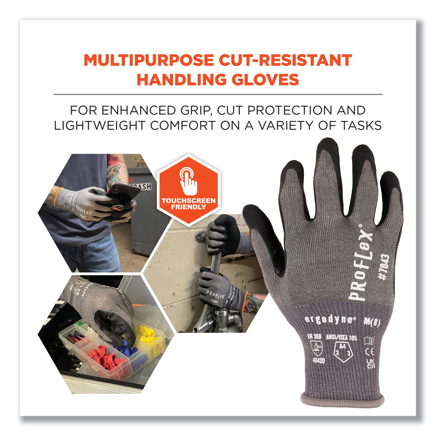 ergodyne® ProFlex 7043 ANSI A4 Nitrile Coated CR Gloves, Gray, Medium, 12 Pairs